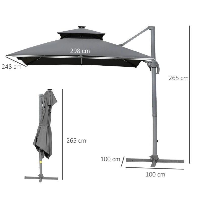 3m - LED - Tilting Cantilever Parasol Offset Patio Umbrella, Solar LED Lighted Hanging Sun Shade Canopy with Cross Base
