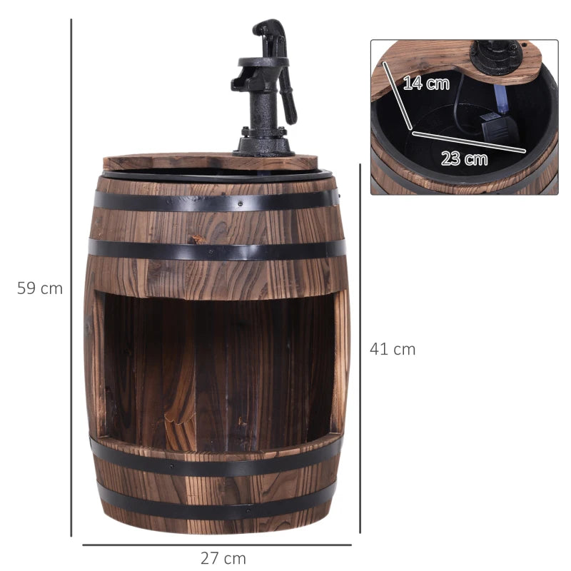 Wood Barrel Water Fountain with Built in Flower Planter Section
