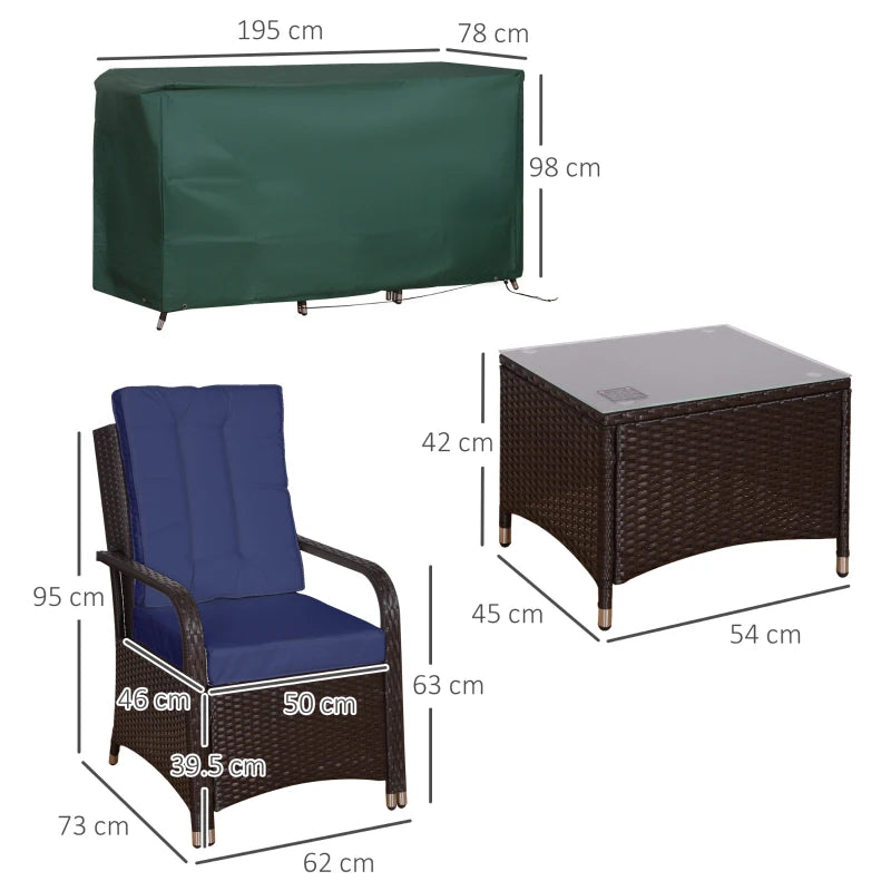 2-Seater Rattan Bistro Set with 2 Armchairs, 1 Table and Cushions - Navy Blue / Brown