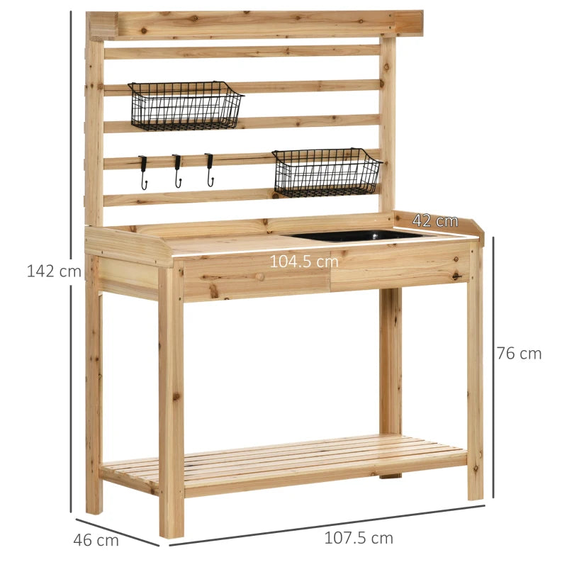 Potting Bench Table with Top Shelf, Metal Sieve Screen, Removable Sink and Lined Backboard