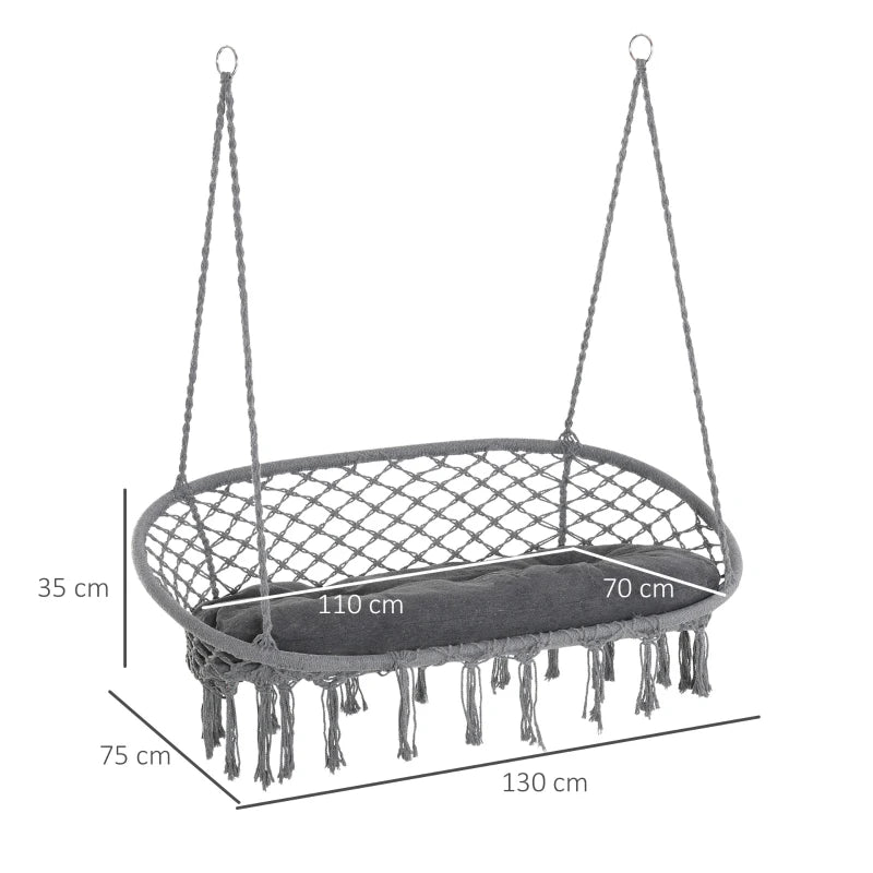 2 Seater Hanging Rope Hammock Swing Sofa with Large Cushion (Ropes Included for Installation) - Grey