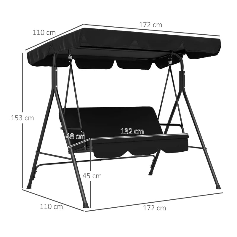 3-Seater Swing Chair with Adjustable Overhead Sun Protection Canopy - Black