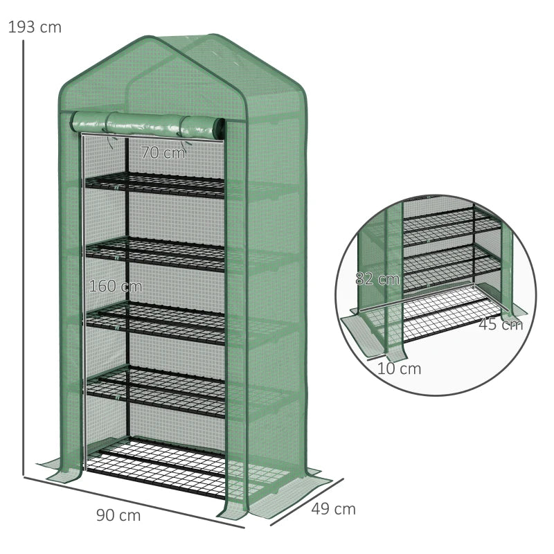 5-Tier Slimline Tall Greenhouse with Roll-Up Door and Wire Shelves - Green