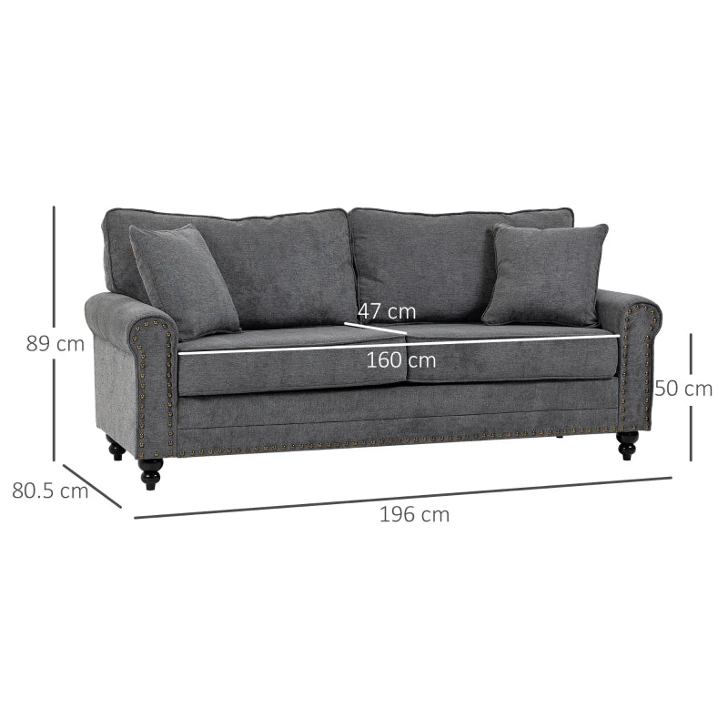 Large 3 Seater Sofa with Buttoned Armrest Design & Throw Pillows