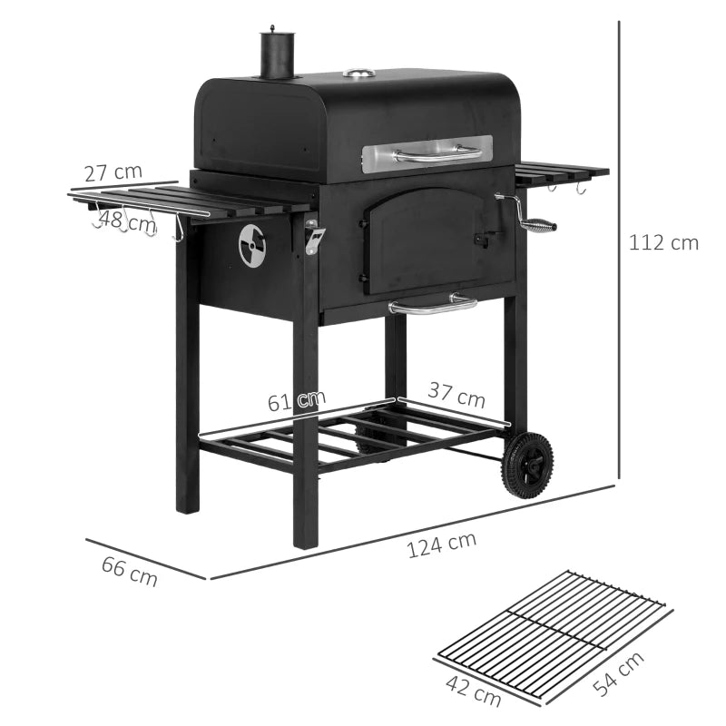 Charcoal Barbecue Grill with Side Shelves, Top Grill Shelf and Adjustable Charcoal Pan