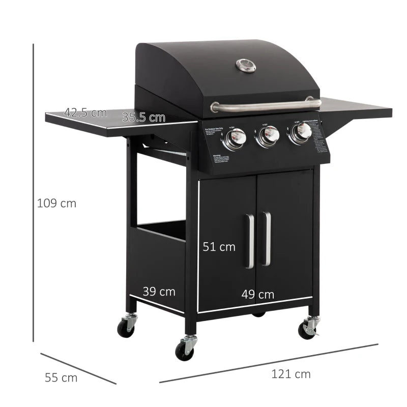 3 Burner Gas BBQ Grill with Warming Rack, Underneath Storage and Side Shelves