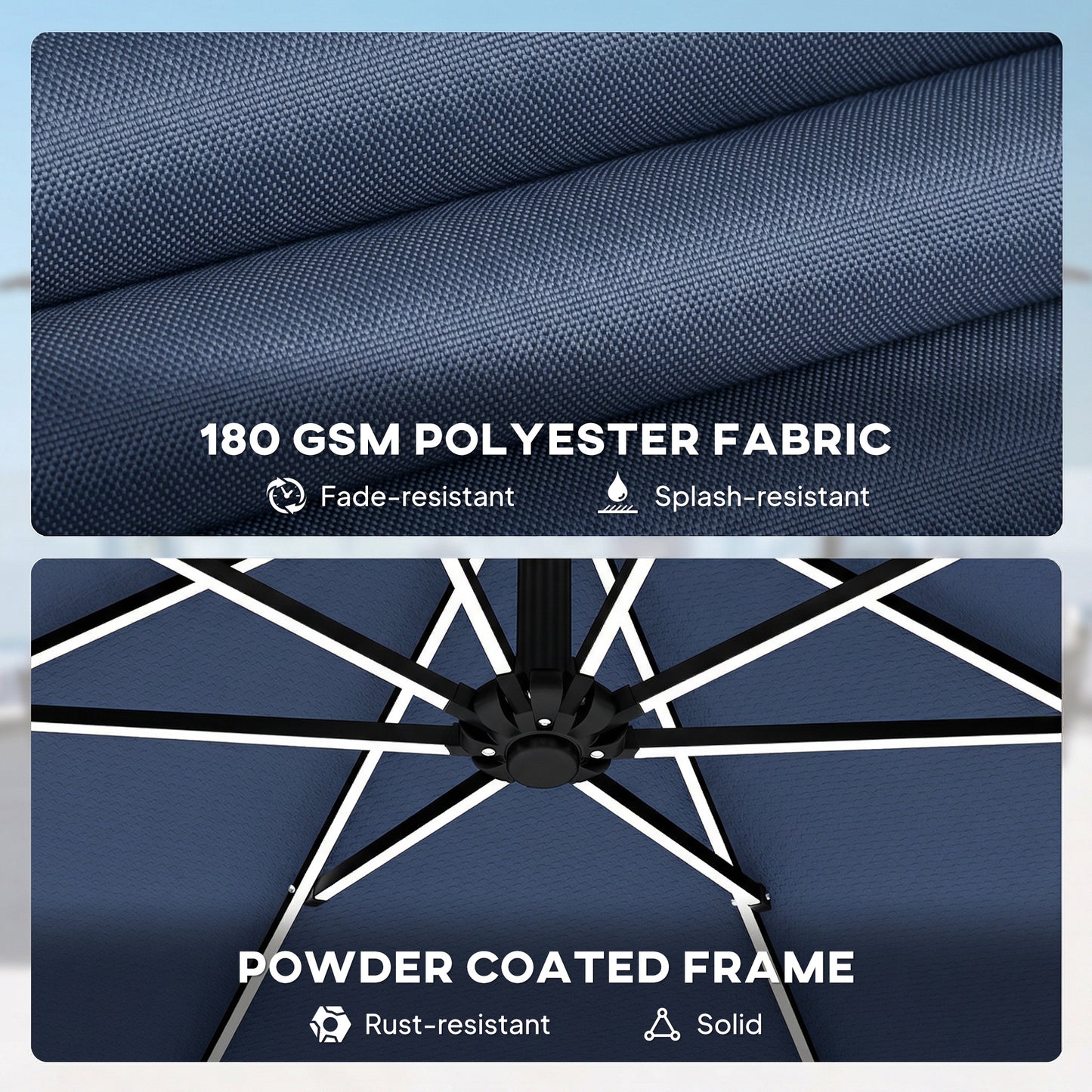 3 m Garden Cantilever Parasol with LED Solar Light, Round Overhanging Umbrella with 360° Rotation, Cover, Navy Blue