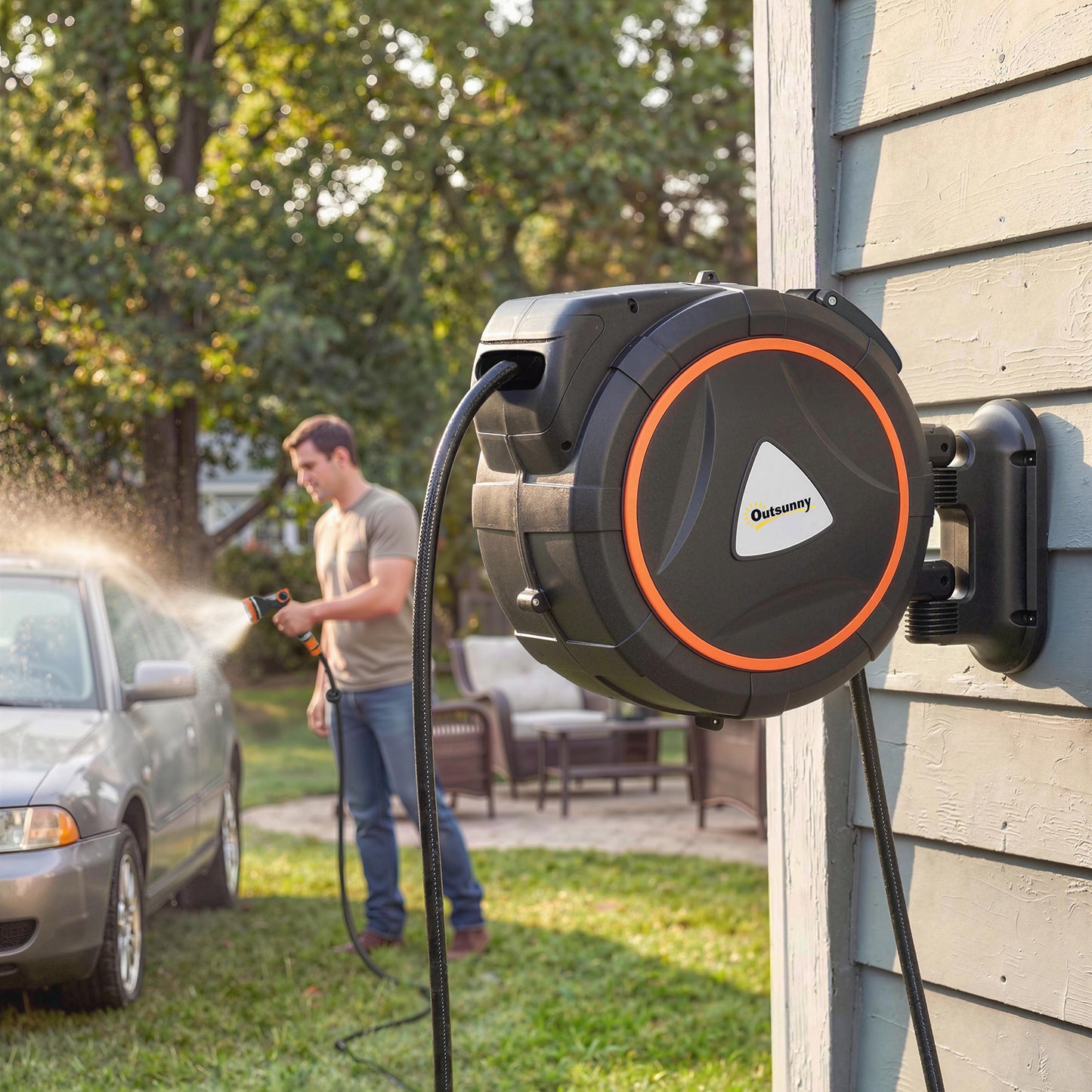 25m Retractable Hose Reel Wall Mounted with Auto Retraction, Self-Locking, Slow Return System, 12-Pattern Nozzles