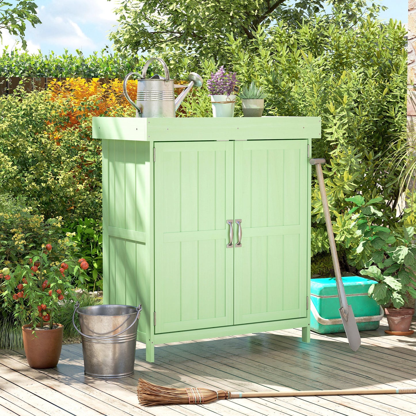 Small Shed, Wooden Garden Shed with Openable Hinged Roof and Removable Shelf, 74 x 43 x 88 cm, Light Green