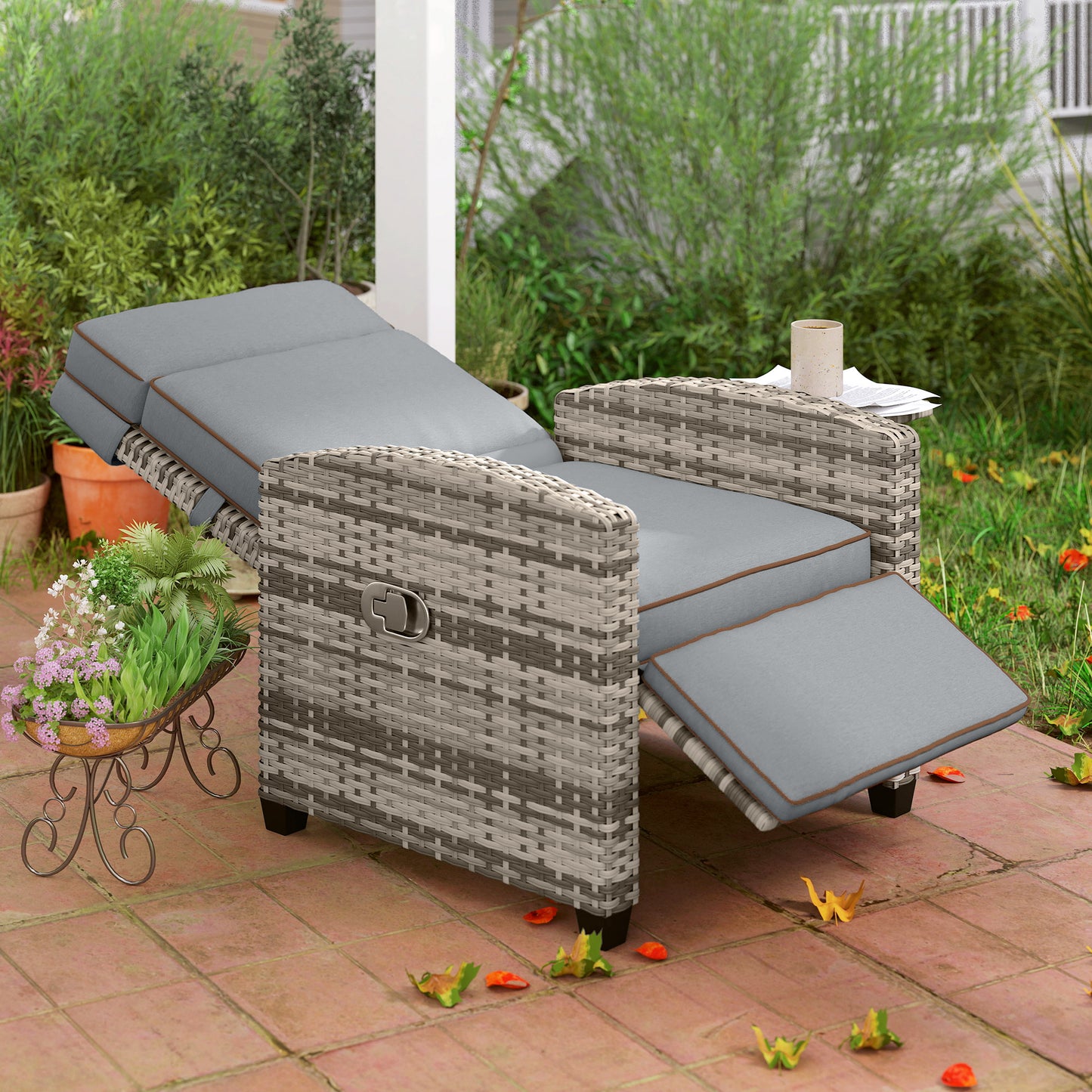 145° Reclining Rattan Armchair with Footrest - Mixed Grey