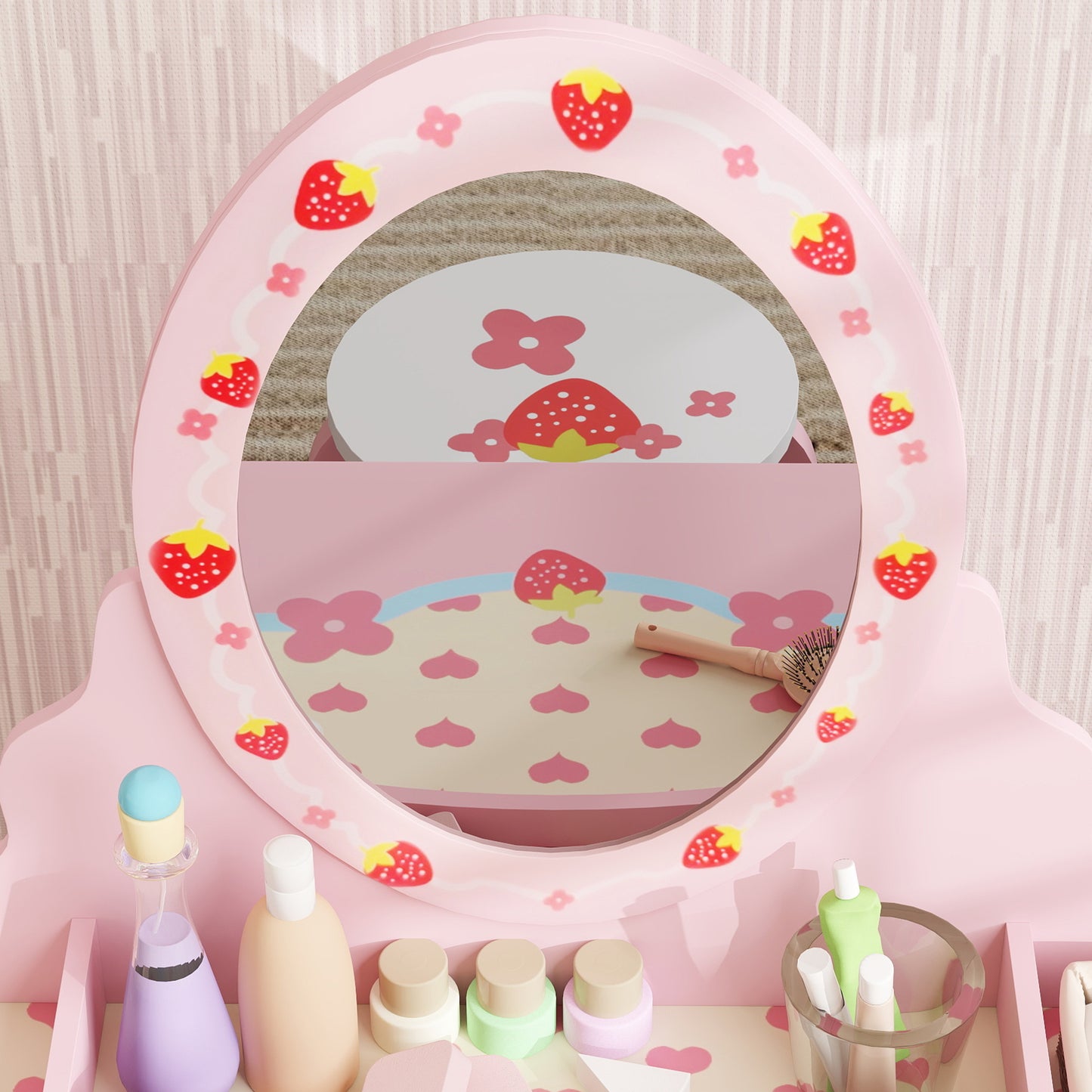 Kids Dressing Table Set, Vanity Table with Stool, Mirror, Drawer, Desktop, Storage, Strawberry-Theme, Pink