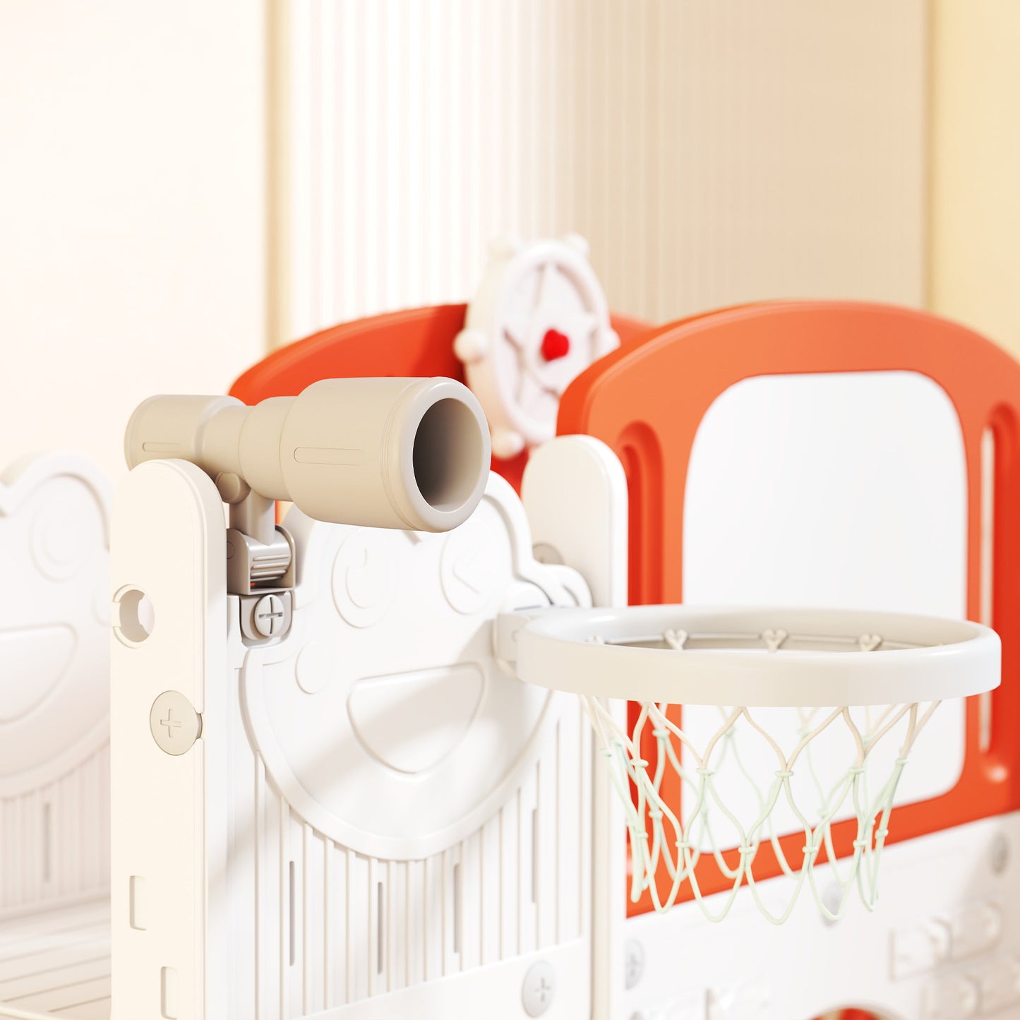 7 in 1 Toddler Slide Set with Basketball Hoop, Climbing Frame, Telescope, Drawing Board, Storage Box, Orange