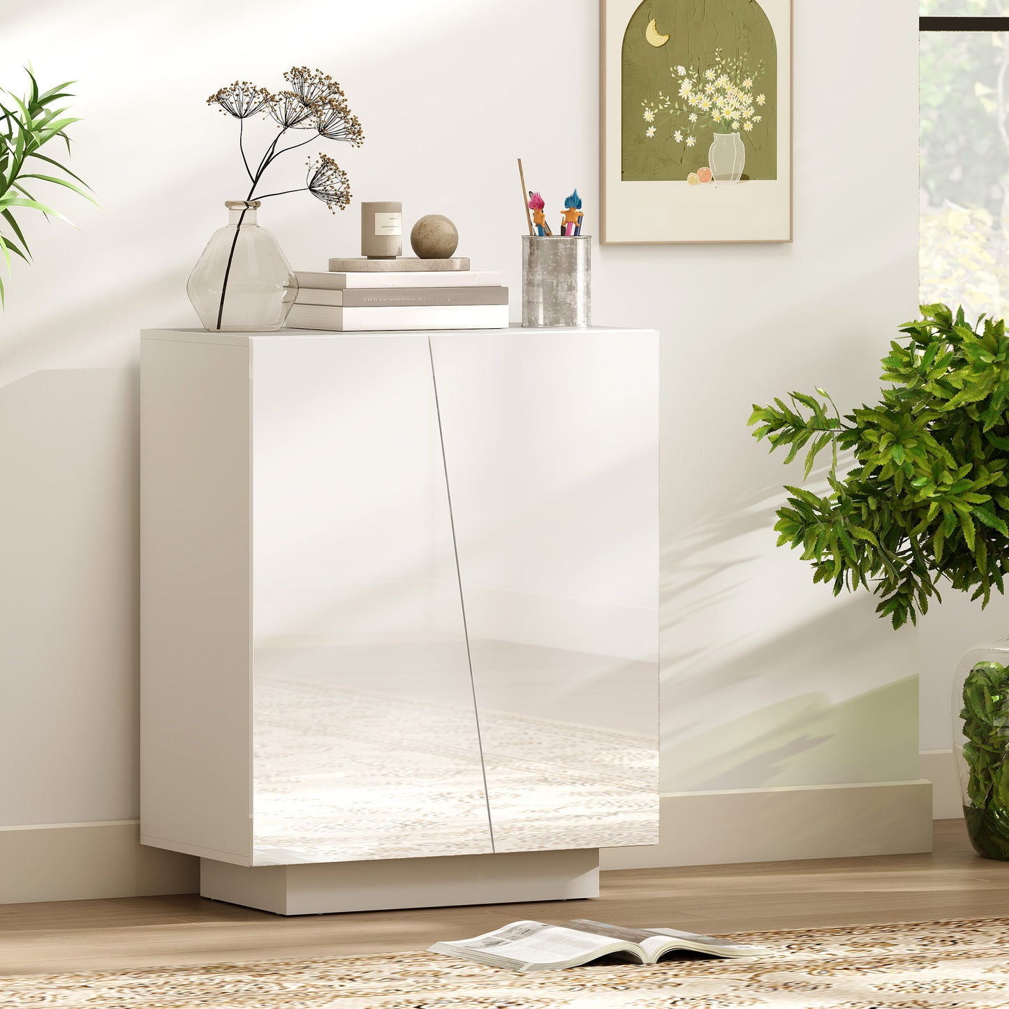 High Gloss Storage Cabinet, Freestanding Storage Cupboard with Adjustable Shelves for Living Room, Bedroom, Hallway, White