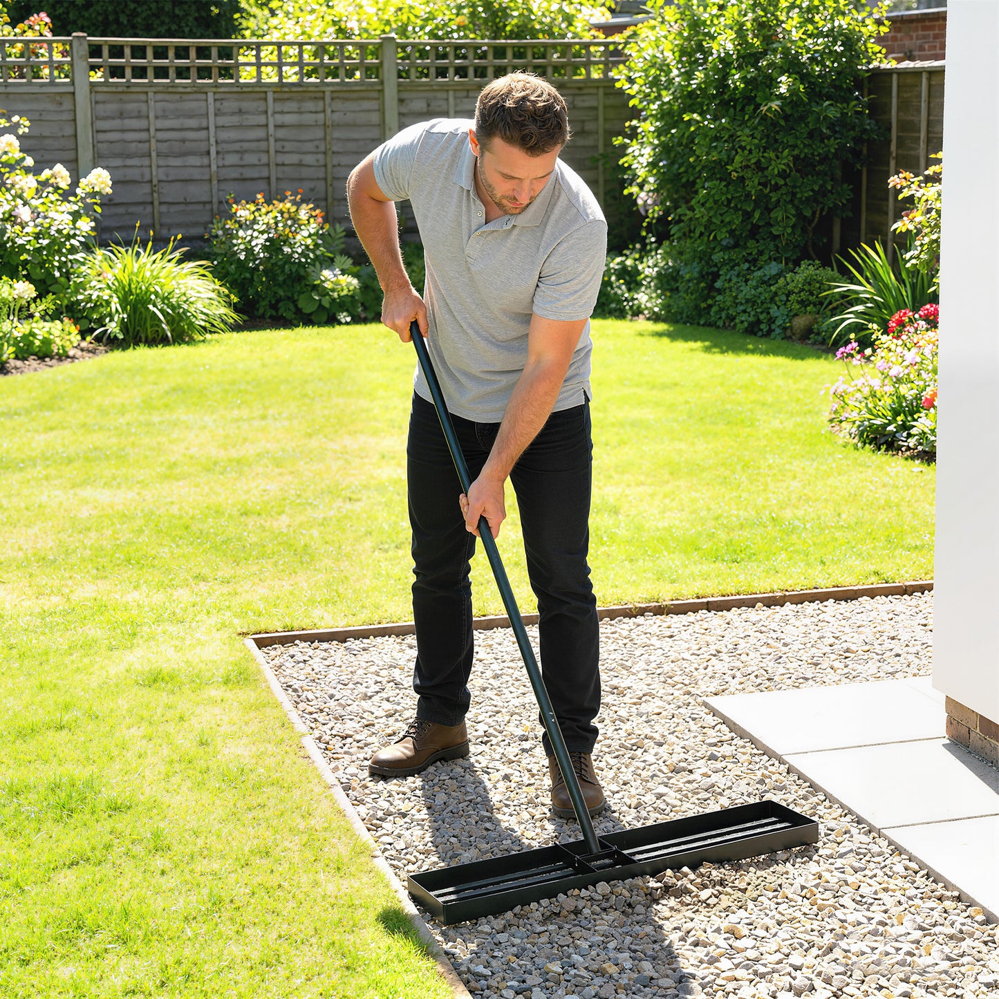 Lawn Levelling Rake, 76 x 26 cm Lawn Leveller Lute with 169 cm Handle for Grass Soil Sand Yard Golf Course