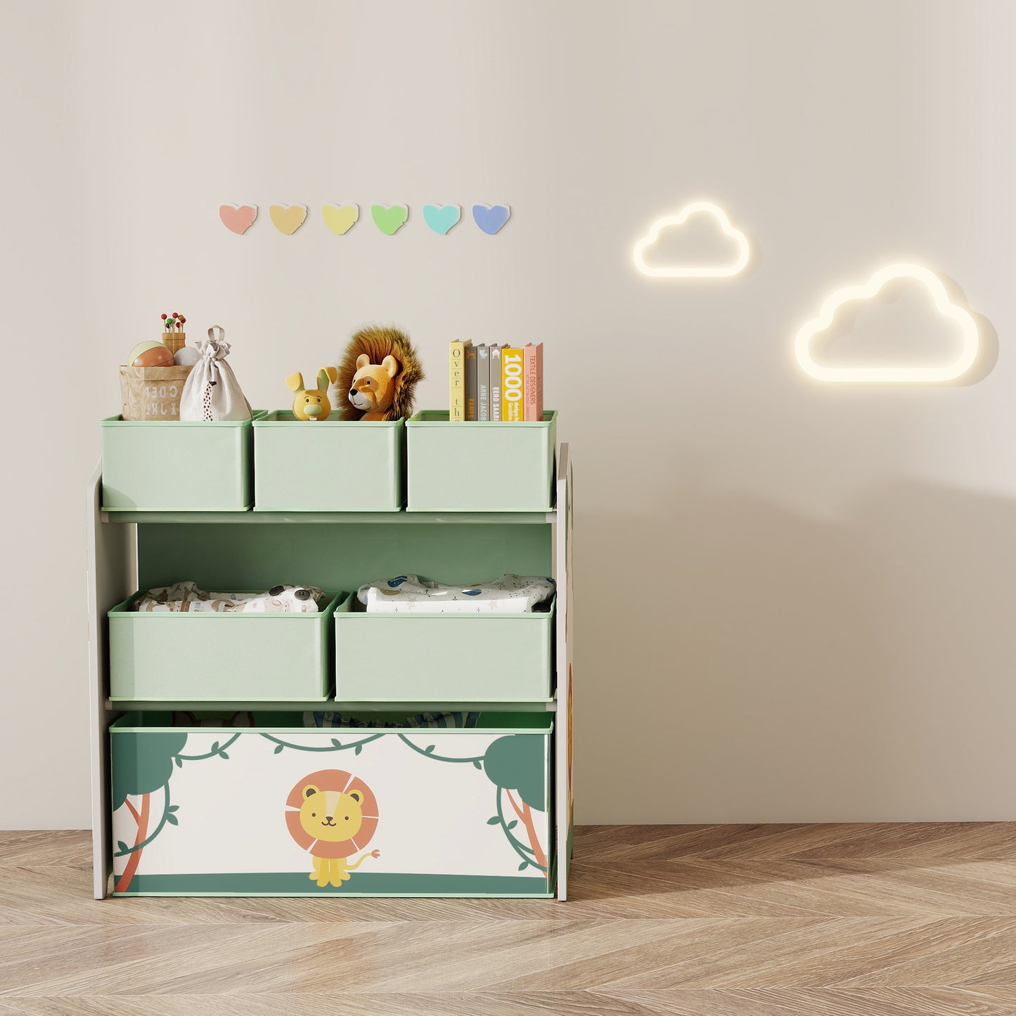 Kids Toy Storage Units, 3-Tier Toy Organiser Shelf with 6 Removable Boxes for Kids, Bedroom, Playroom, Green
