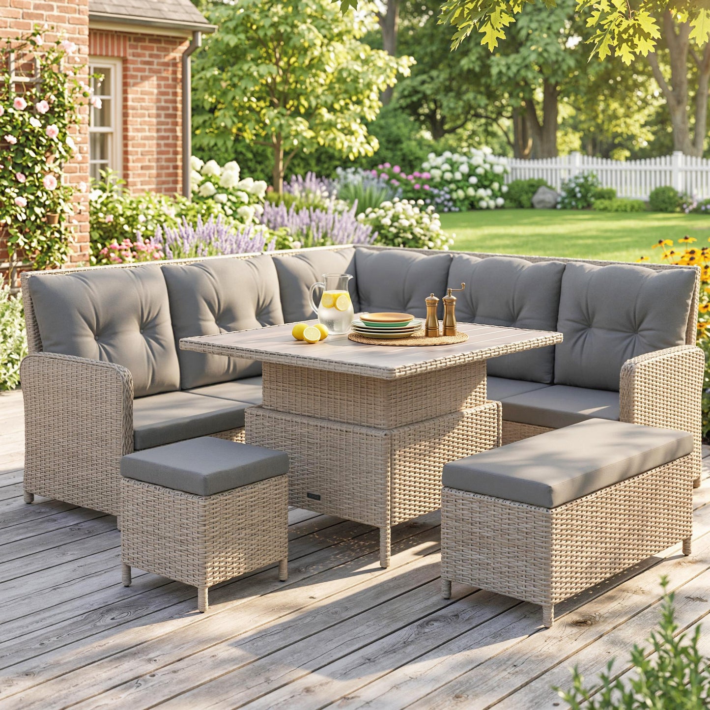 7 Seater Rattan Garden Furniture Set, 6 Piece Patio Dining Set with Liftable Coffee Table and Soft Padded Cushion