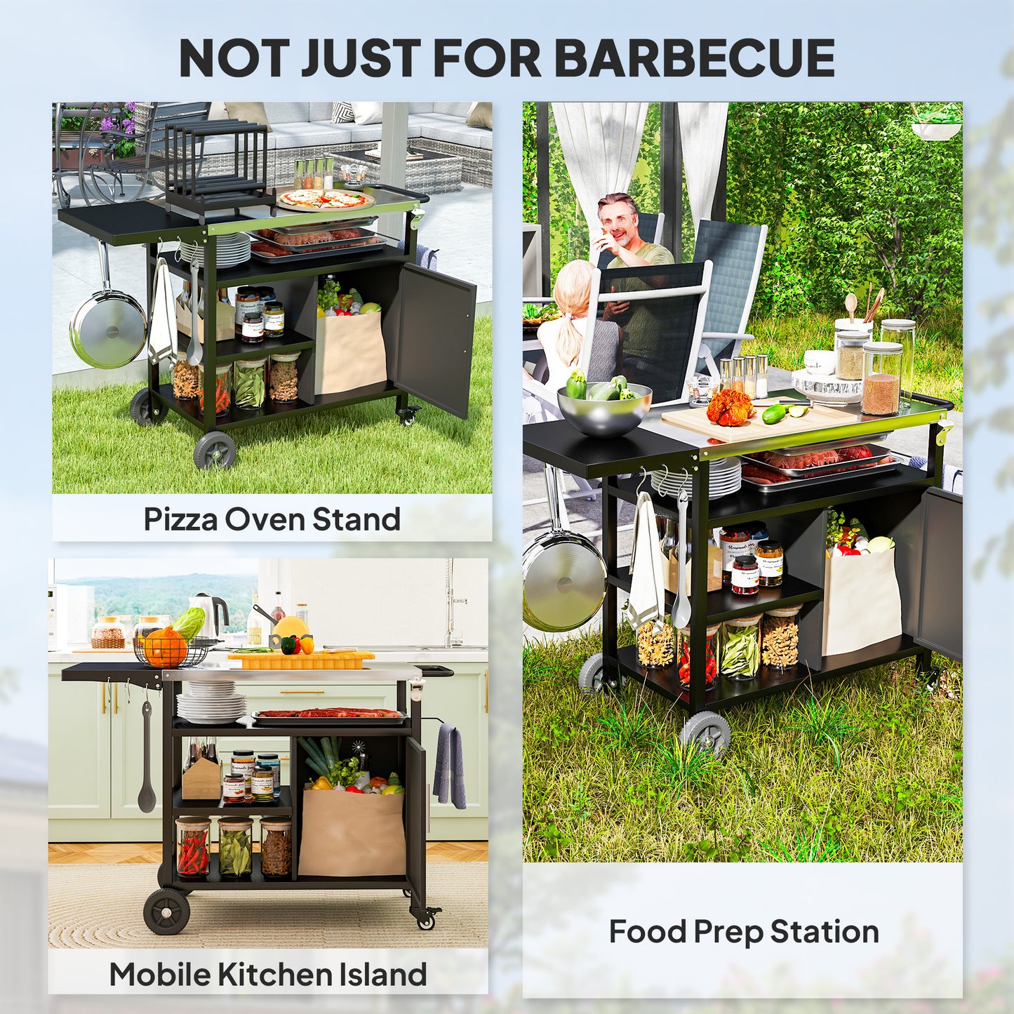 Outdoor BBQ Trolley with Foldable Side Table, Stainless Steel Top, Outdoor Kitchen with Wheels Hooks Shelves Cabinet