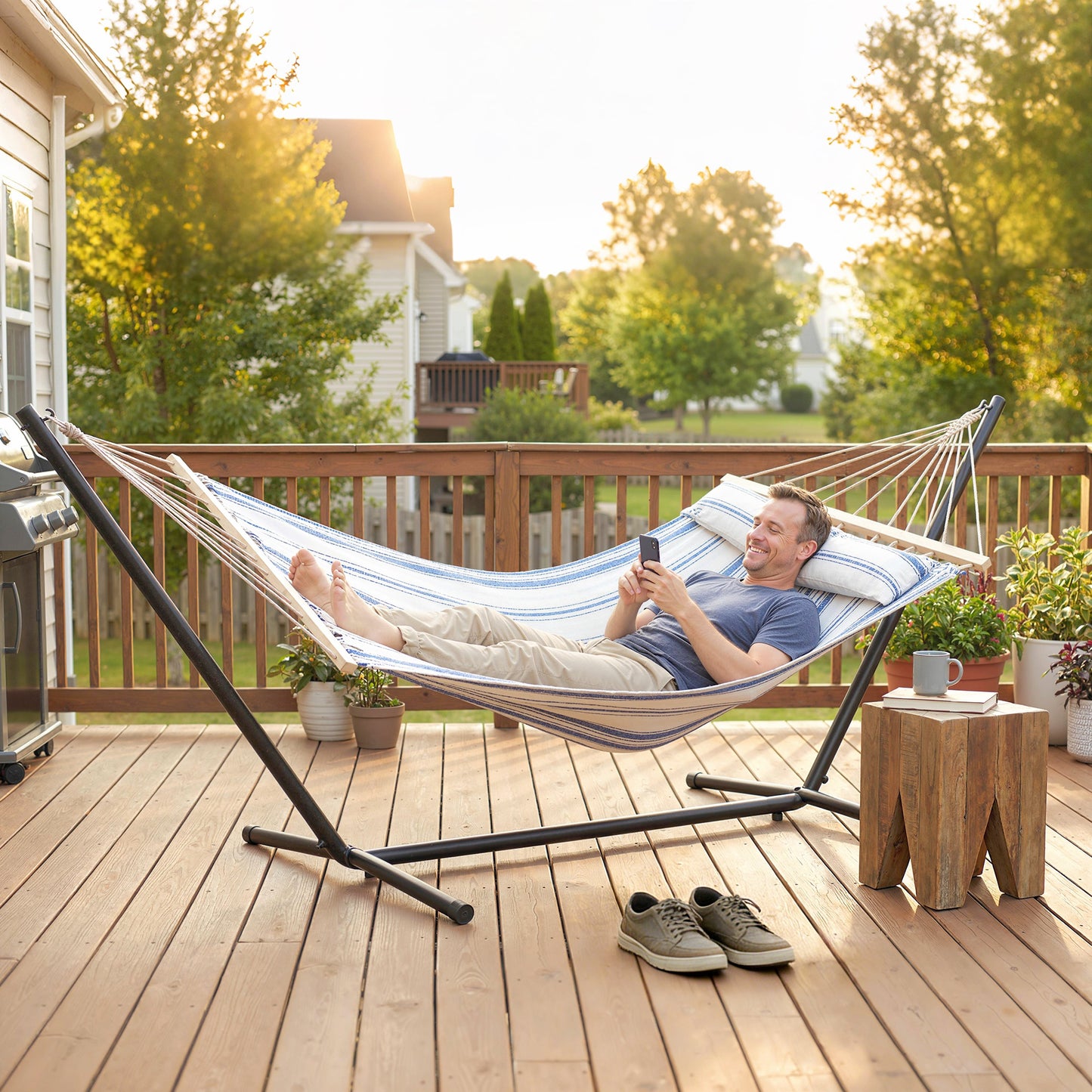 Cotton Hammock, Soft Portable Swing Sleeping w/ Headrest & Side Pocket, Blue and White