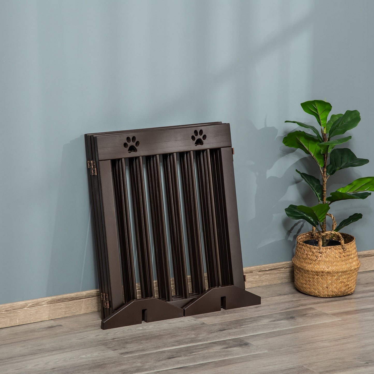 Freestanding Pet Gate 4 Panel Wooden Dog Barrier Folding Safety Fence with Support Feet up to 204cm Long 61cm Tall for Doorwa