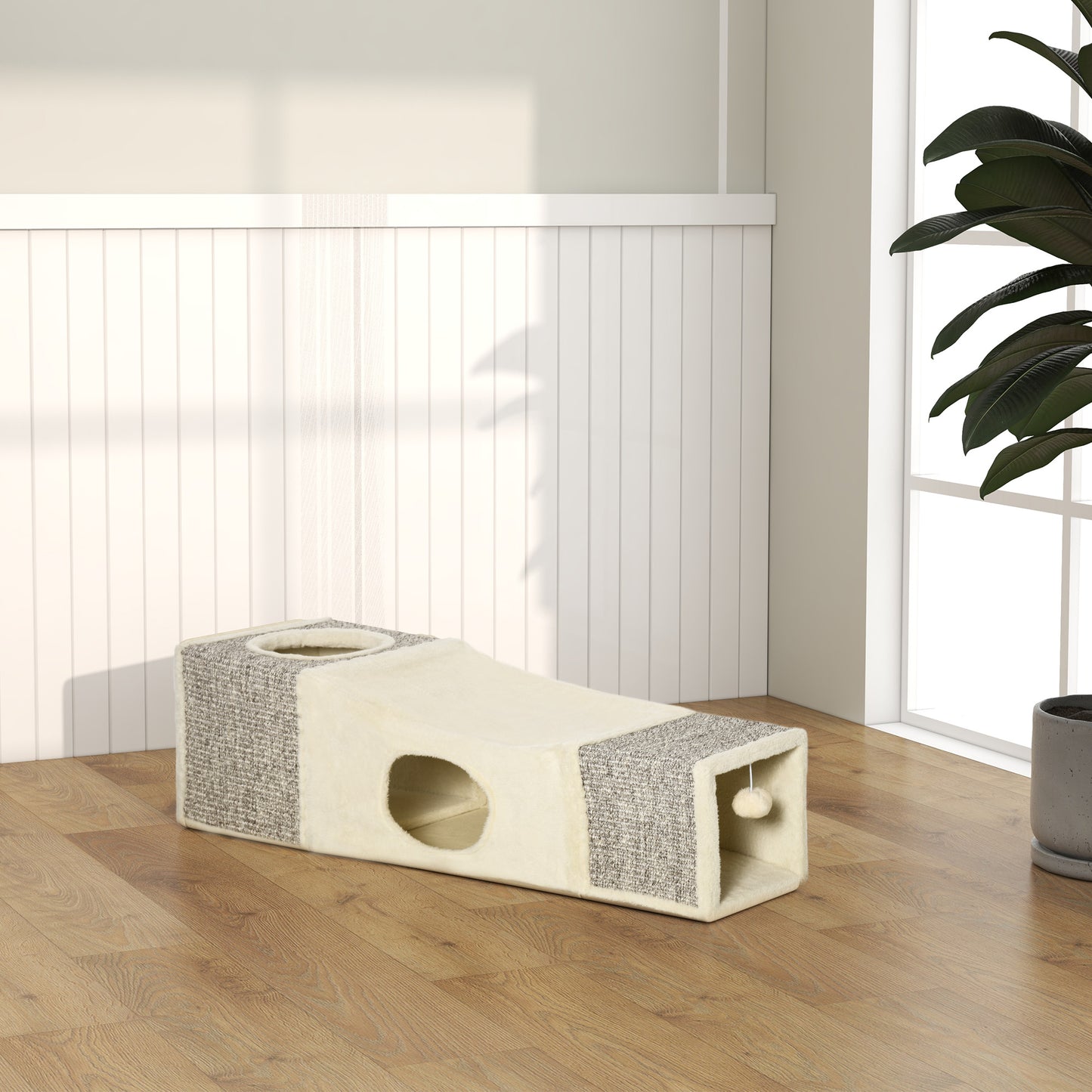 Cat Tunnel, Plush Large Play Tunnel with Two Caves and Hanging Ball, Cream White
