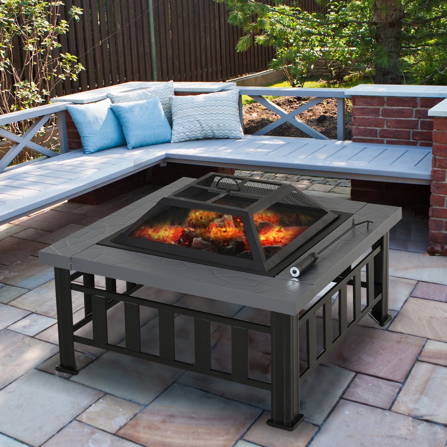 Metal Large Firepit Outdoor Square Fire Pit Brazier with Rain Cover, Lid, Log Grate, Poker for Backyard, Camping, BBQ