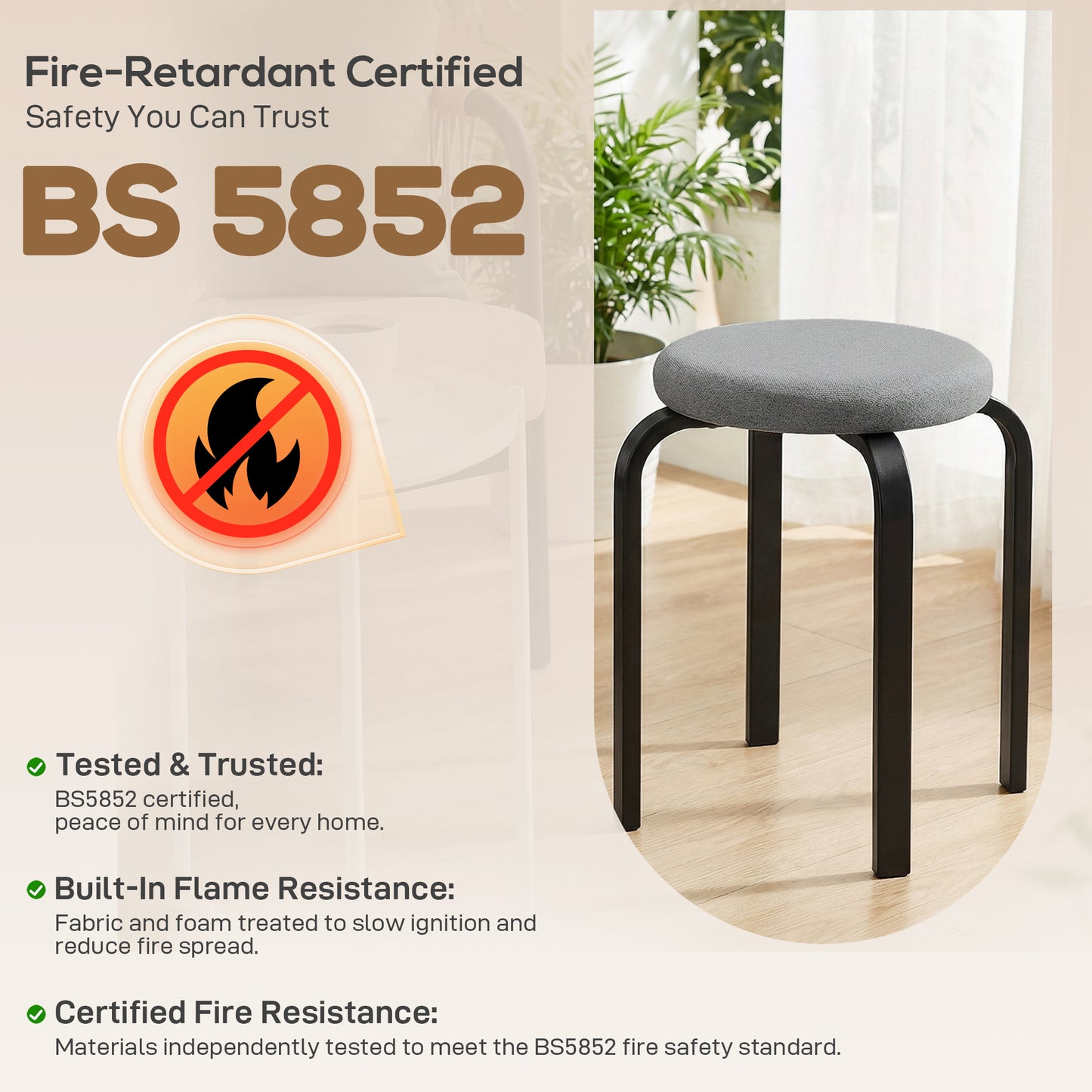 Stackable Stools Modern Cushioned Round Backless Stools Set of 4 Kitchen Dining Room Dark Grey