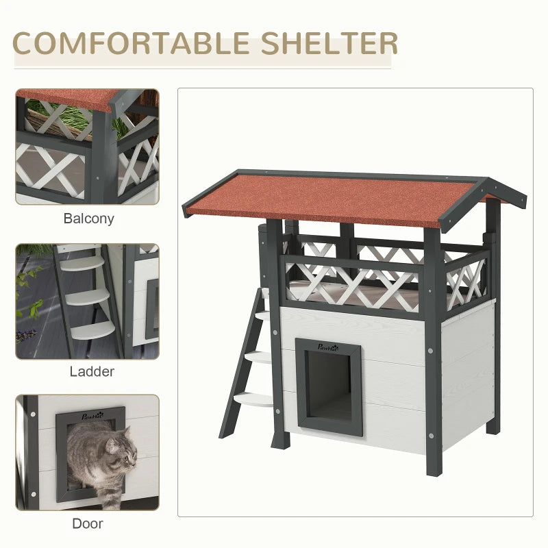 Cat House with Roofed Balcony Area & Stairs and Under House - White