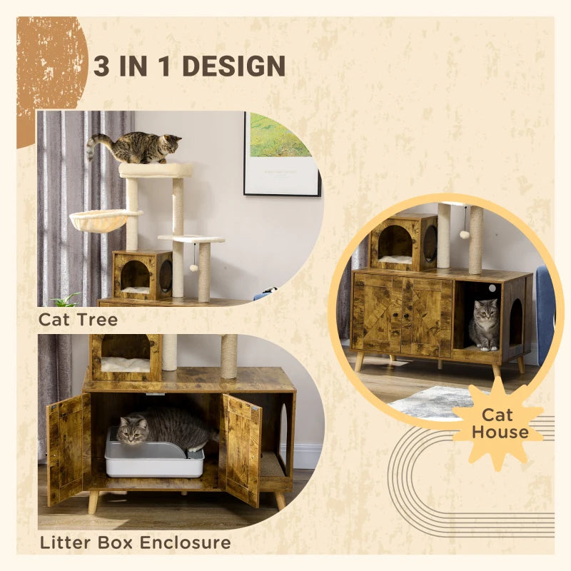 Industrial Style Cat Tree with Built In Litter Tray Enclosure with Hammock, House and Cushion