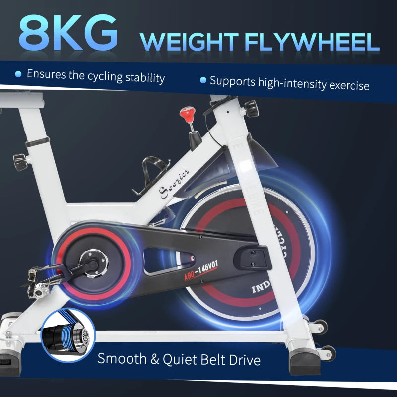 Indoor Cycling Exercise Bike with Adjustable Resistance and Large Phone / Tablet Holder (8kg Flywheel) - White / Red