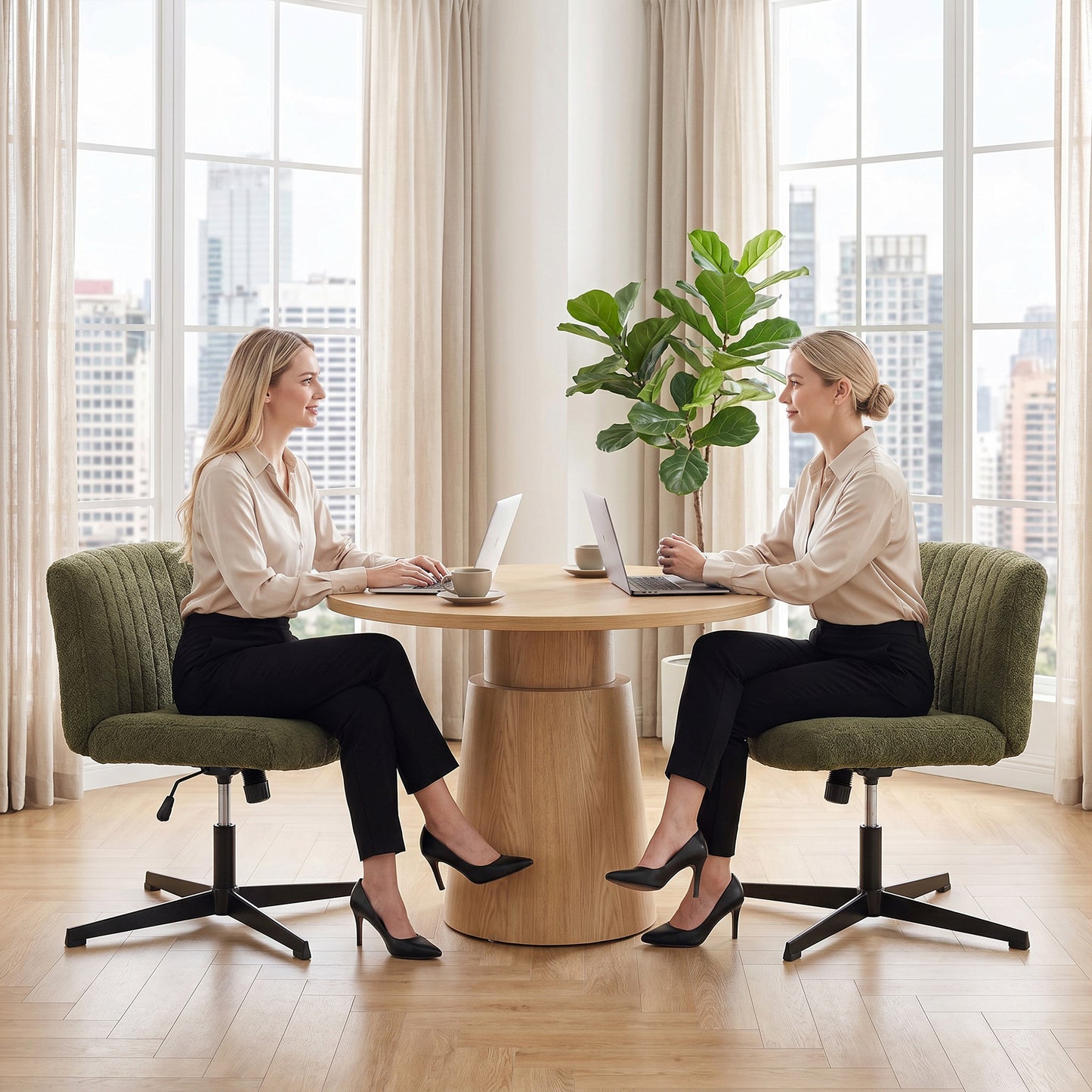 Teddy Fleece Criss Cross Legged Desk Chair, Armless Office Chair No Wheels, Green