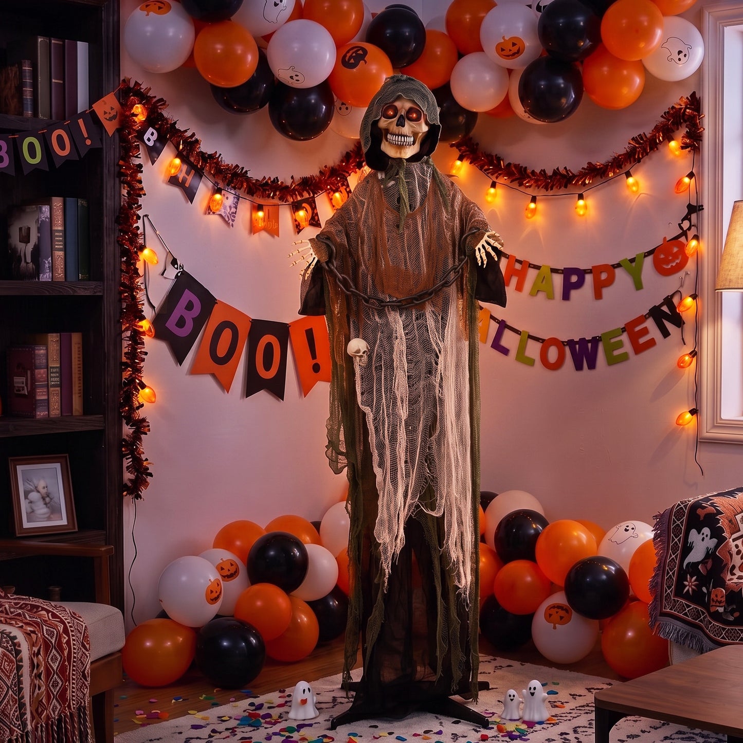 170cm Animated Grim Reaper, Life-Size Halloween Animatronic with Moving Hands/Head, Glowing Eyes, Creepy Sound