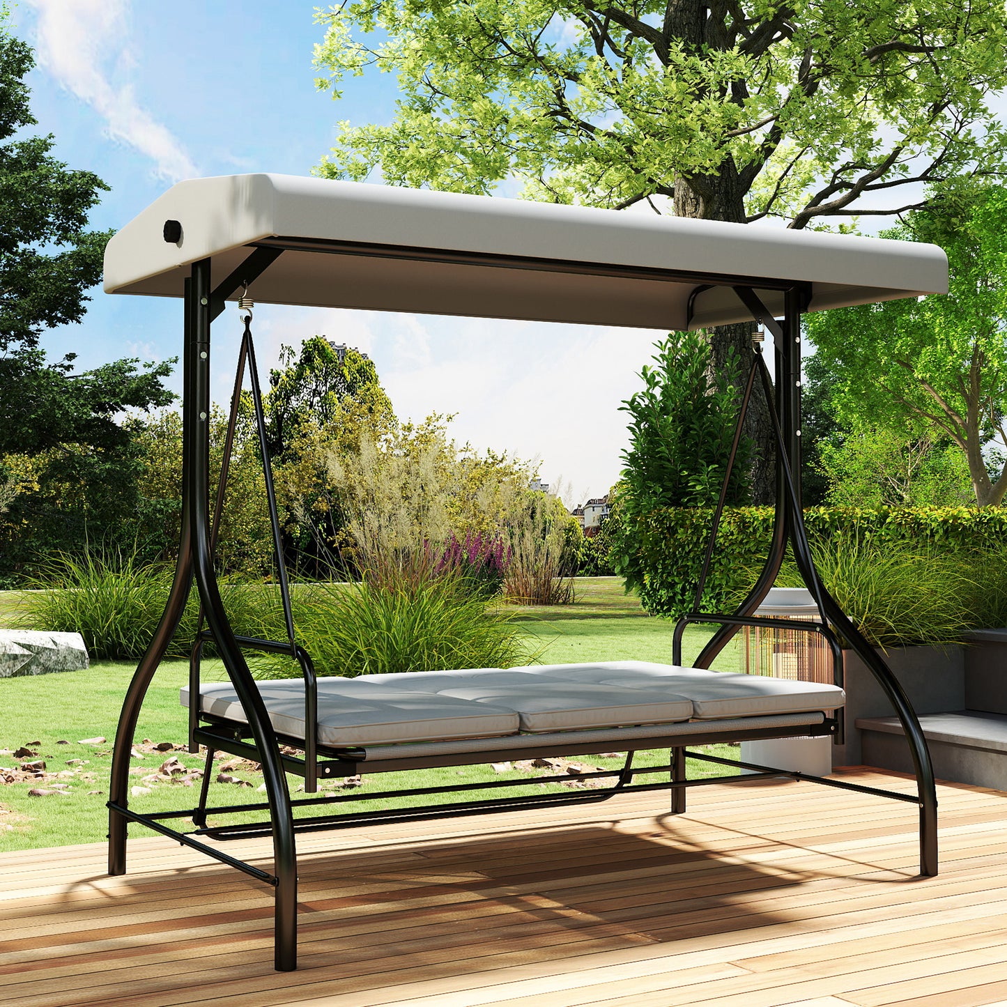 3 Seater Canopy Swing Chair, 2 in 1 Garden Swing Seat Bed, with Adjustable Canopy and Metal Frame, Light Grey