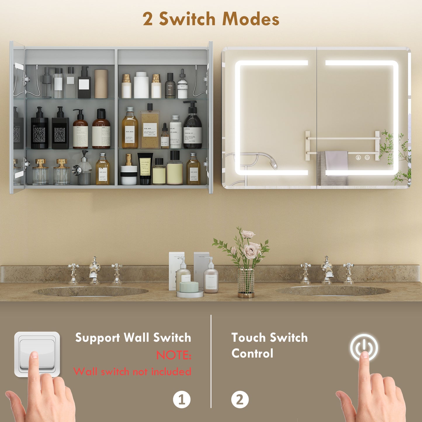 Mirrored Bathroom Cabinet with LED Lights, 60 x 80 cm Bathroom Mirror Cabinet with Anti-Fog, 3 Colour Dimmable Lighting