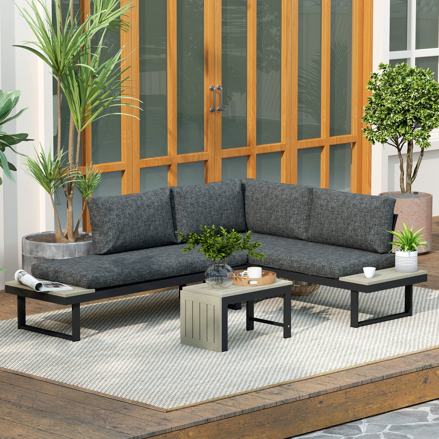 4 Seater L Shaped Aluminium Sectional Garden Furniture Set with 2 Loveseats and Wood-Plastic Coffee Table - Dark Grey
