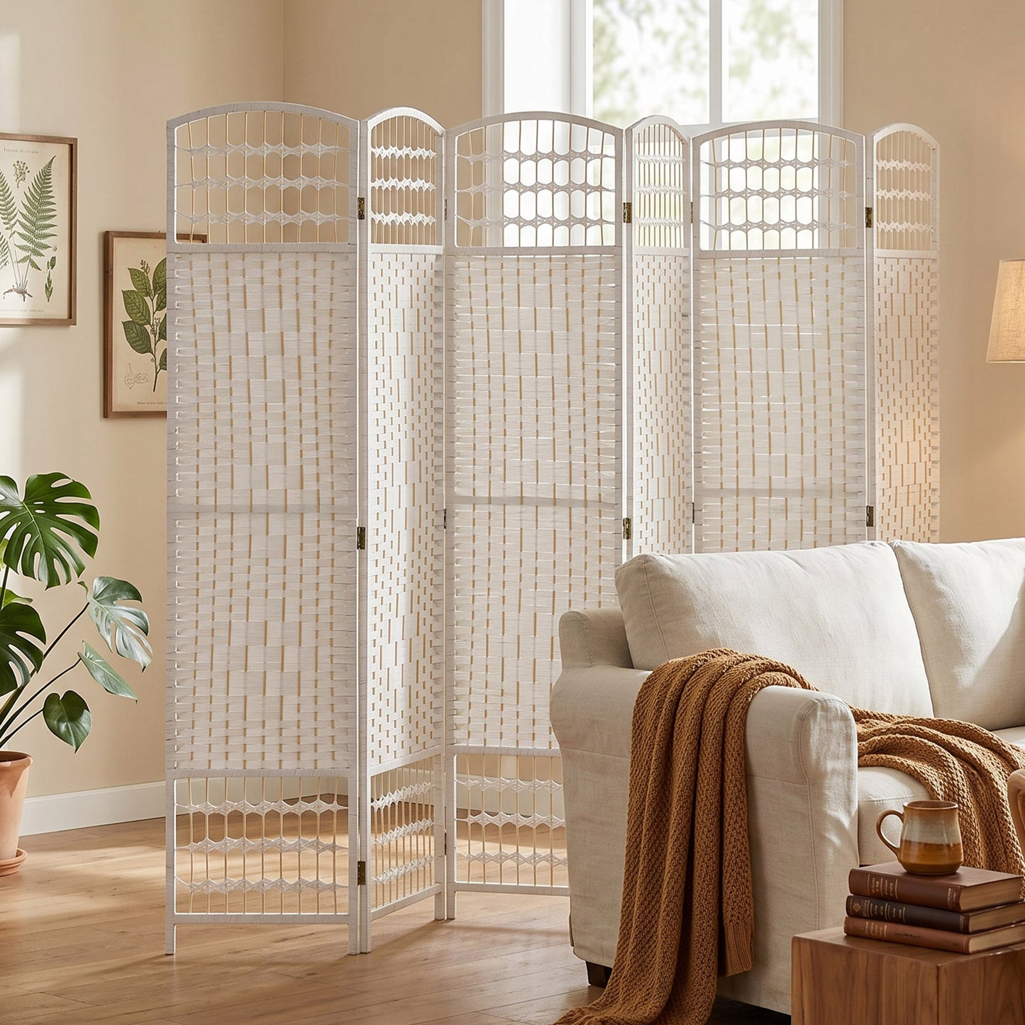 6 Panel Folding Room Divider, Privacy Screen, Paravent Partition Separator for Living Room, Bedroom, White