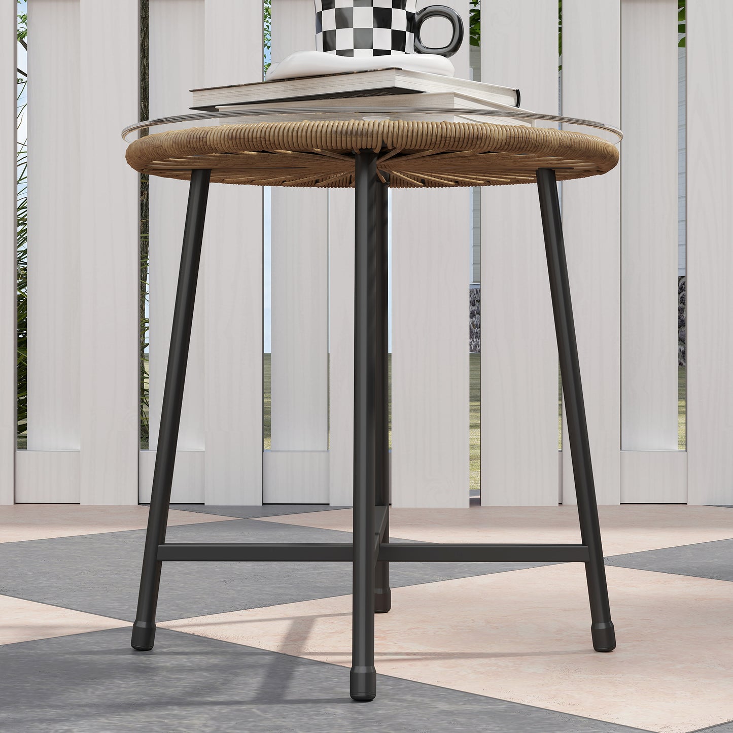 3 Pieces Rattan Bistro Set, Wicker Small Garden Table and Chairs Set with Cushions and Glass Top Coffee Table