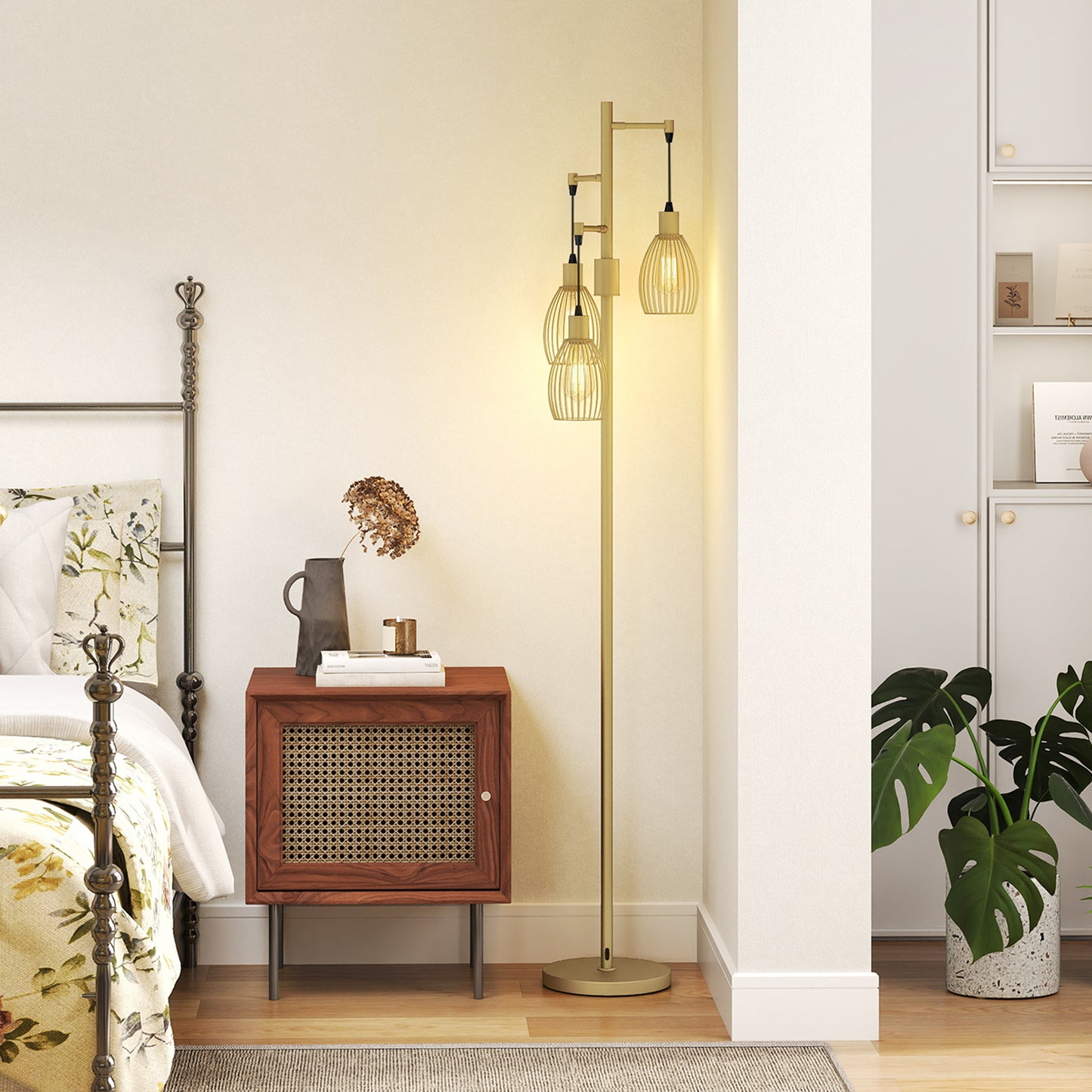 170.5cm Industrial Dimmable Standing Lamp, 3-Light Floor Lamp with Steel Wire Cage Lampshades, Gold Tone