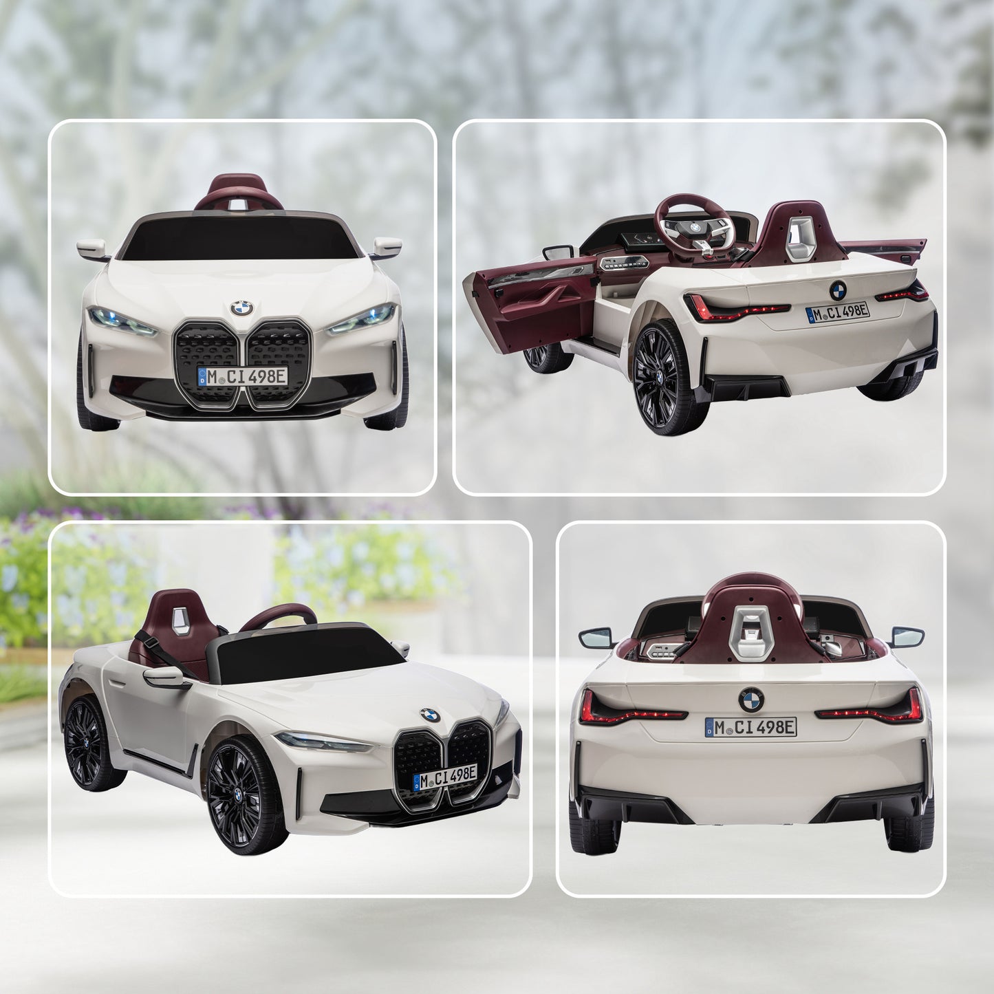 BMW i4 Licensed 12V Kids Electric Ride-On Car, White, Red and Light Blue