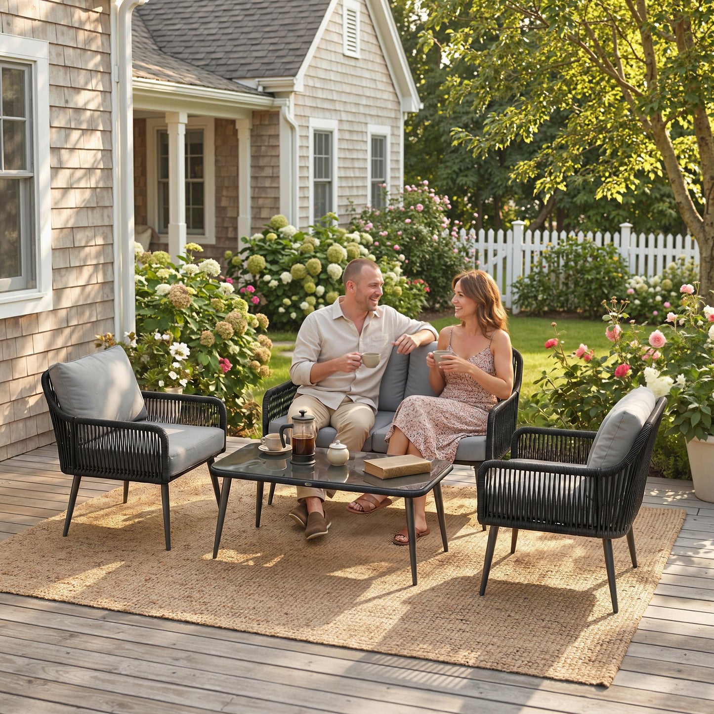Rattan Garden Furniture Set, 4 Piece Outdoor Patio Furniture with Tempered Glass Table and Chairs
