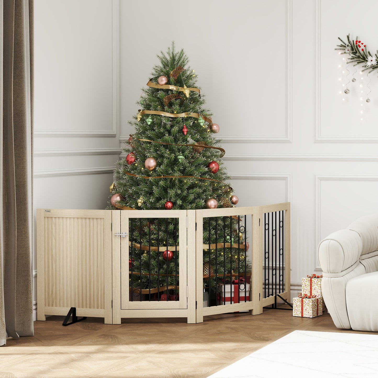 4 Panel Freestanding Pet Gate, Indoor Dog Barrier with Lockable Door, Support Feet, 360° Flexible Hinges, Oak