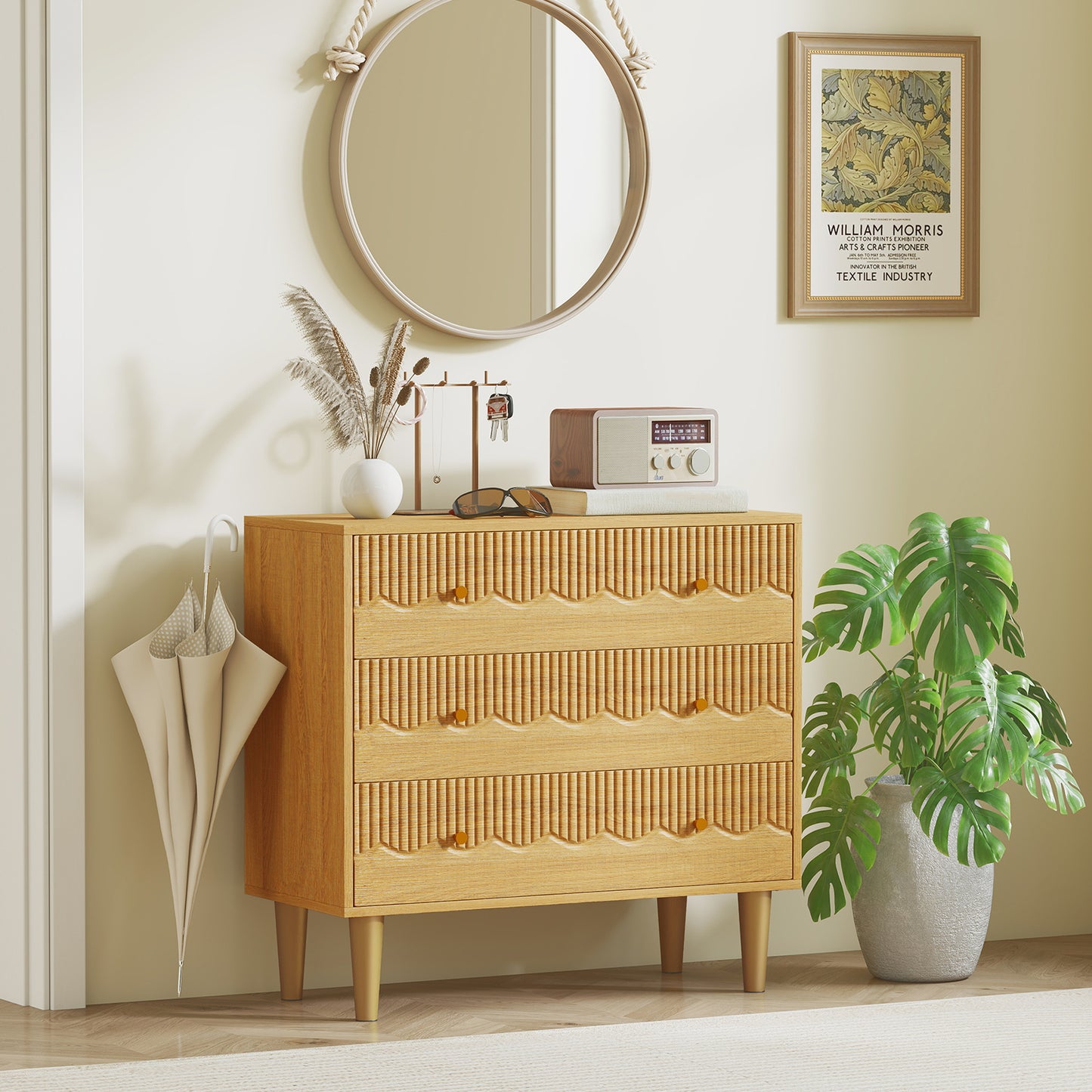 Dresser for Bedroom 3 Drawer Chest of Drawers with Steel Frame for Living Room in Oak