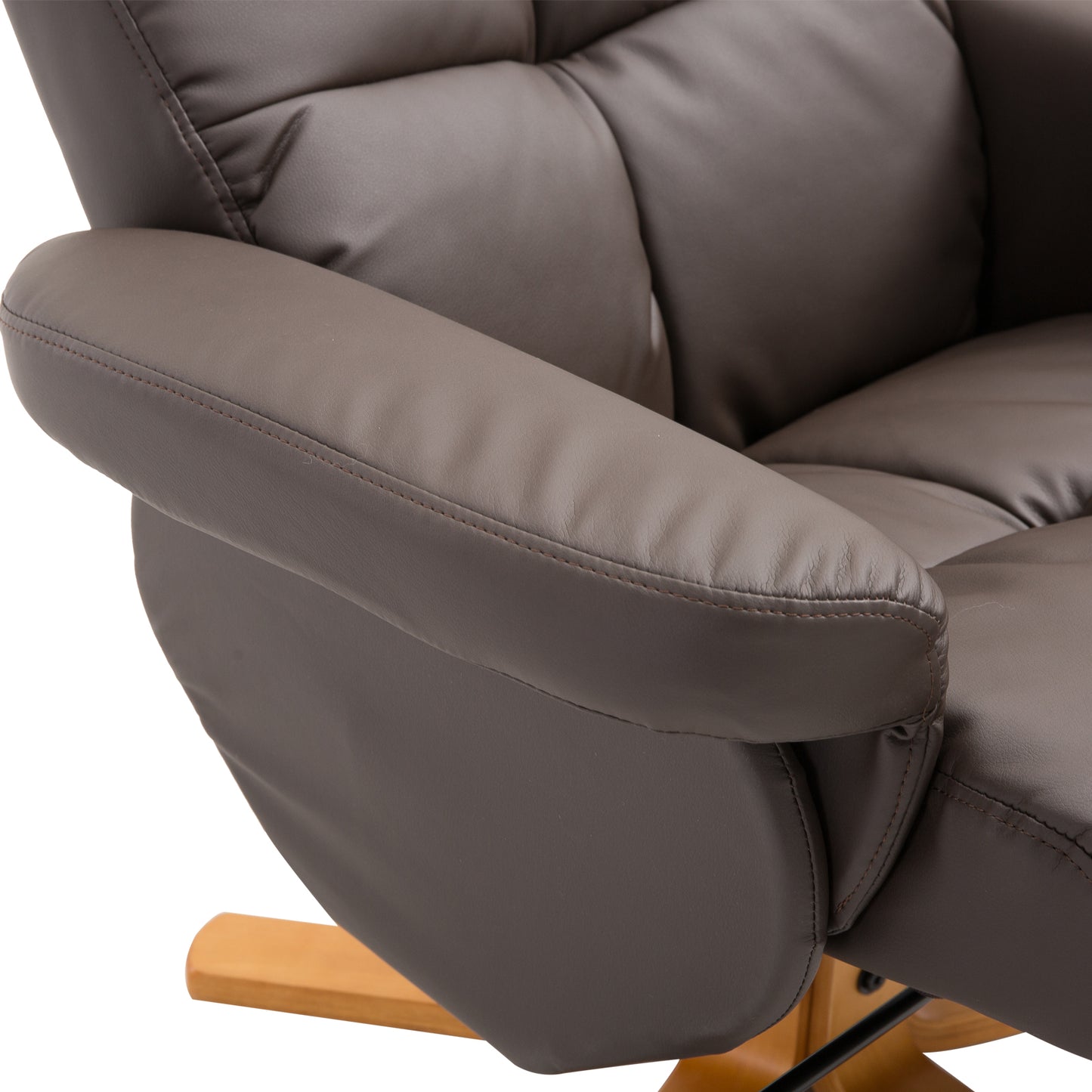 PU Leather Swivel Recliner Chair with Footstool, Wooden Base and Storage for Living Room, Brown
