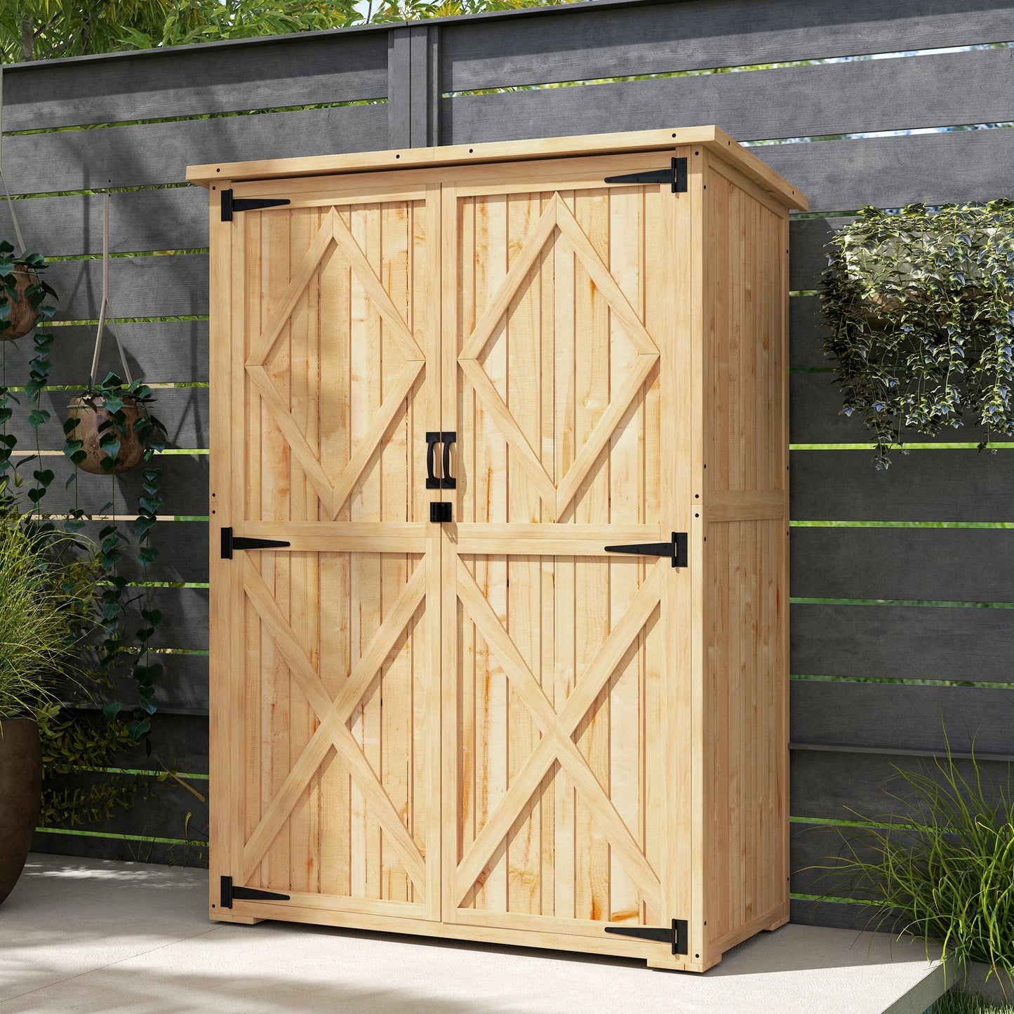 Wooden Garden Storage Shed, Tool Storage Cabinet with Asphalt Roof and 2 Shelves for Garden Tools, Equipment