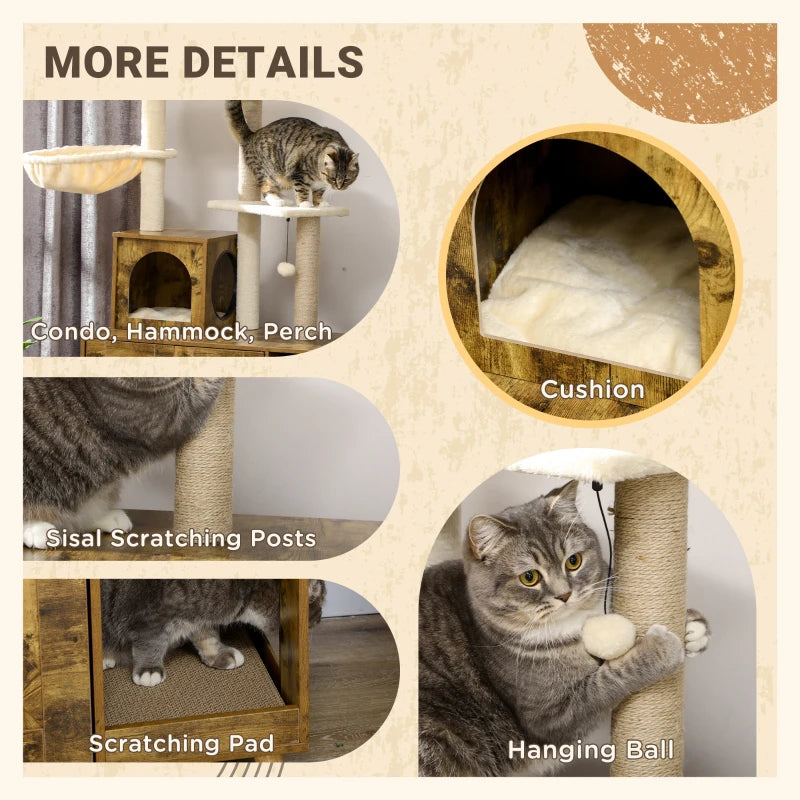 Industrial Style Cat Tree with Built In Litter Tray Enclosure with Hammock, House and Cushion
