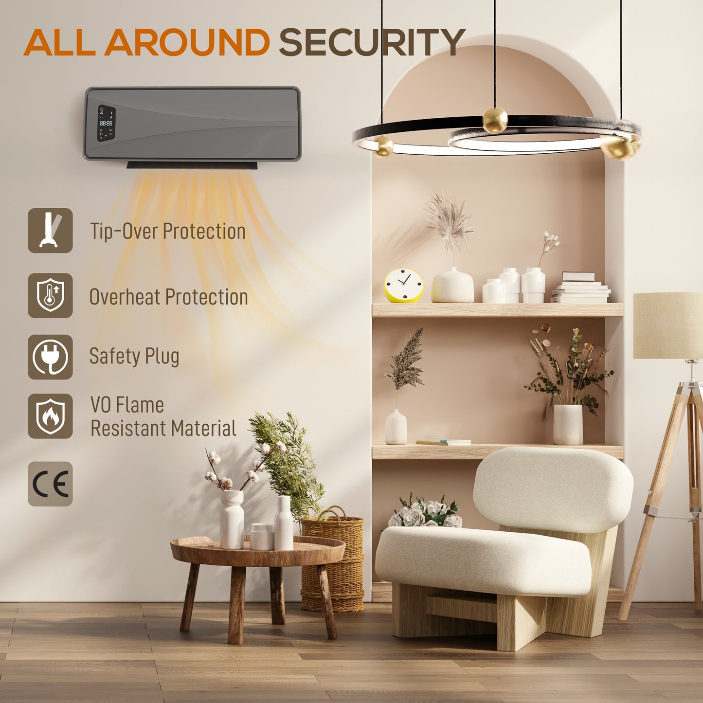 2000W Ceramic Electric Heater with Fan, Adjustable Thermostat, Wall Mounted - Grey