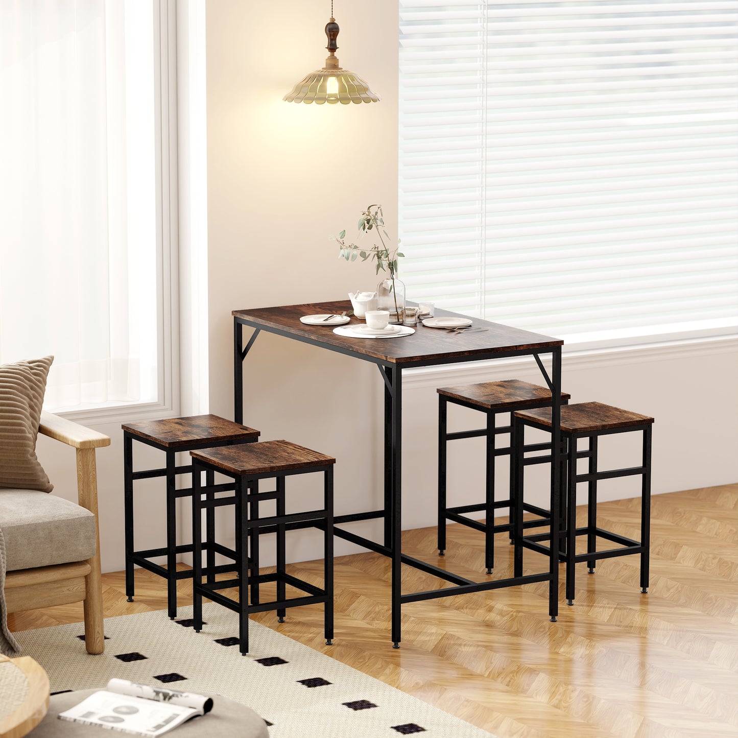 5-Piece Breakfast Bar Table and Stools Set, Kitchen Bar Table Set with High Table and 4 Stools