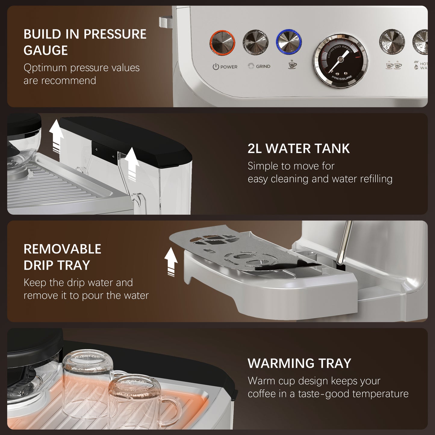 15 Bar Coffee Machine with 15 Adjustable Grind Setting, Steamer and Complete Kit - Silver Colour