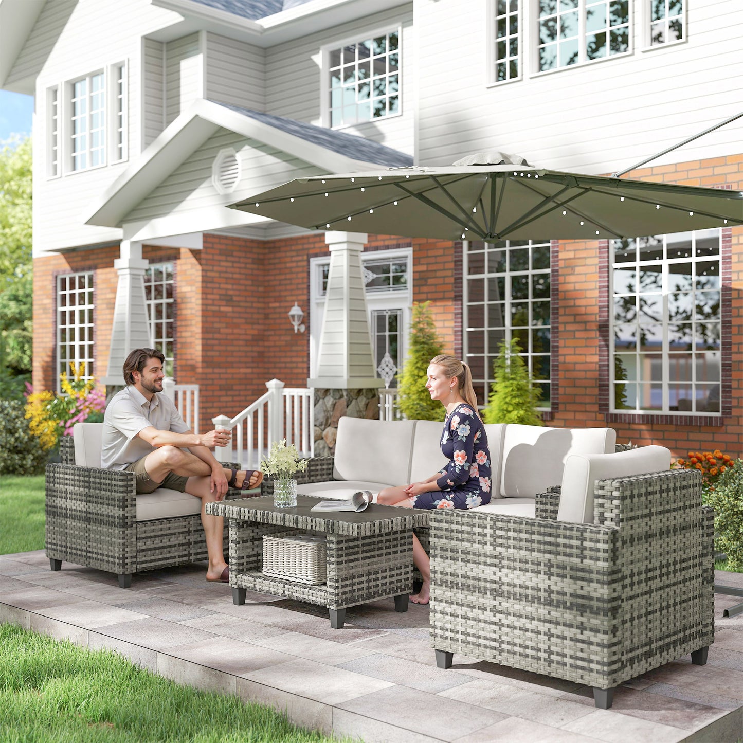 Six-Piece Modular Rattan Sofa Set 5-Seater Garden Furniture Set with Two-tier Table - Light Grey