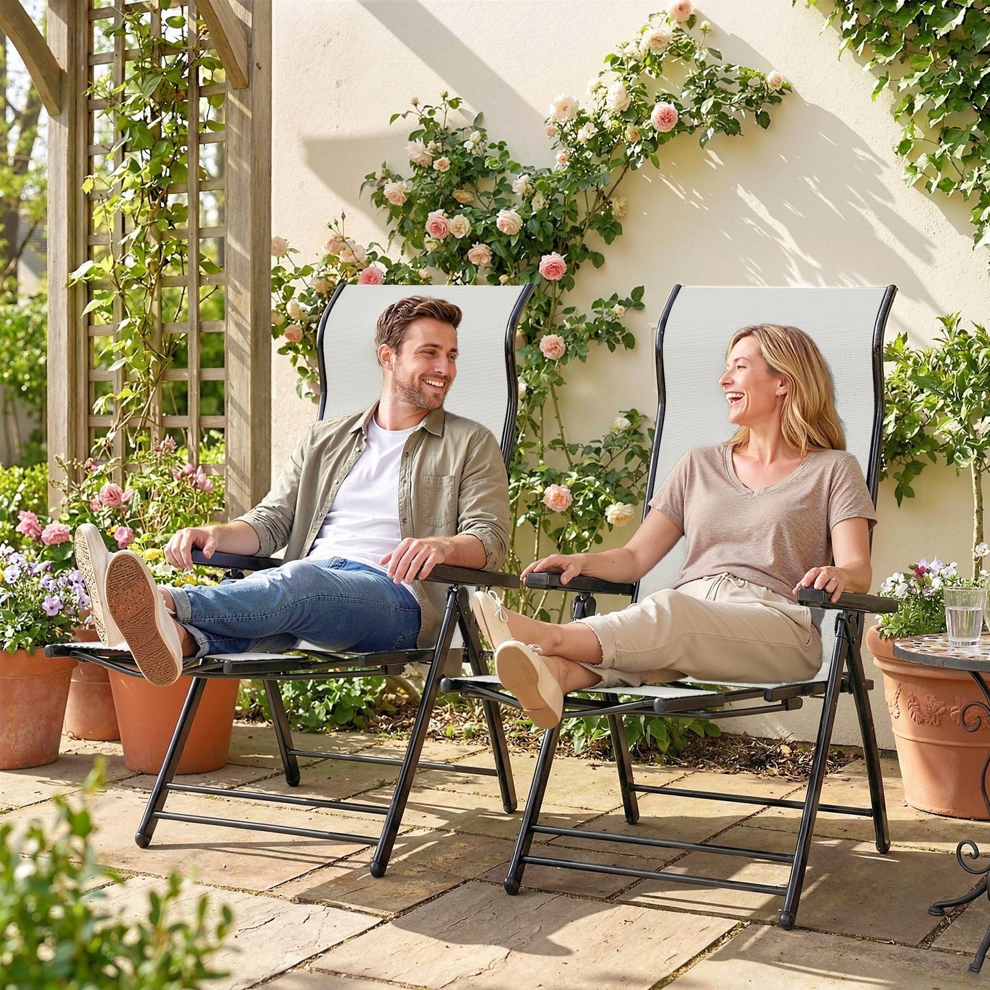 Reclining Garden Chairs Set of 2, 5-Position Folding Sun Loungers with High Back, Retractable Footrest, Light Grey