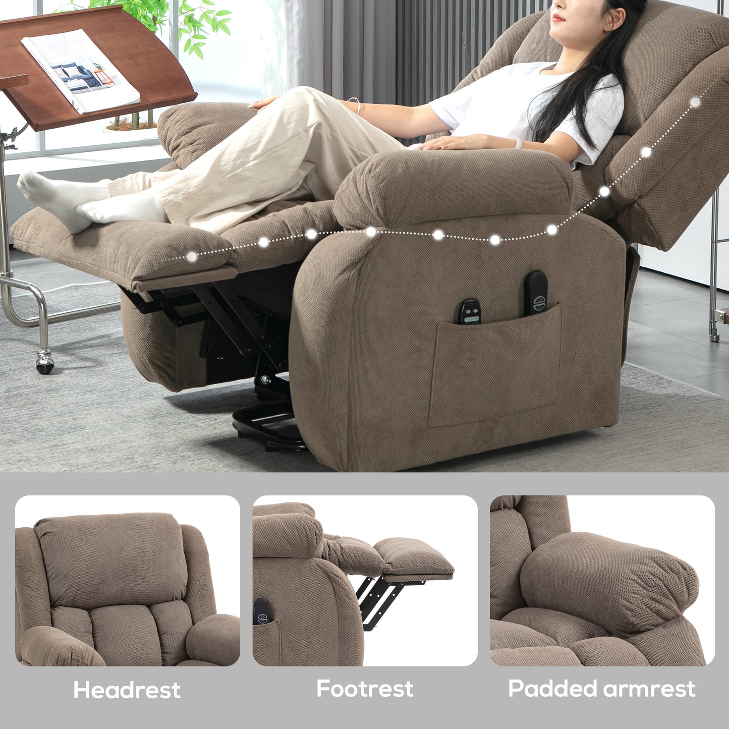 Recliner Armchair Lift Chair, Electric Recliner Chair with Vibration Massage and Heat, Wide Seat, USB Port, Light Brown